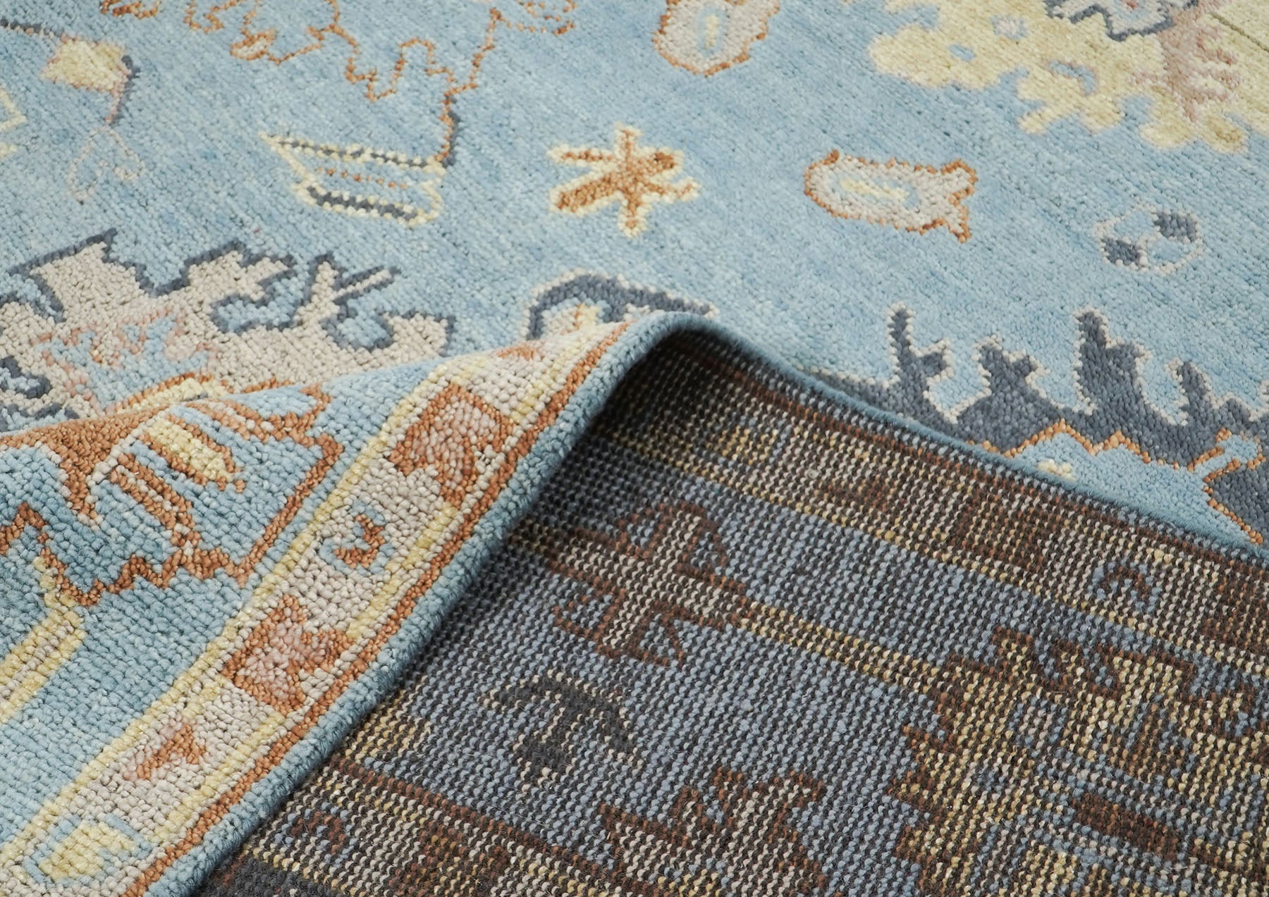 9x12 Blue, Light Gold, Rose Color Hand Knotted Oushak Wool Arts and Crafts Oriental Rug