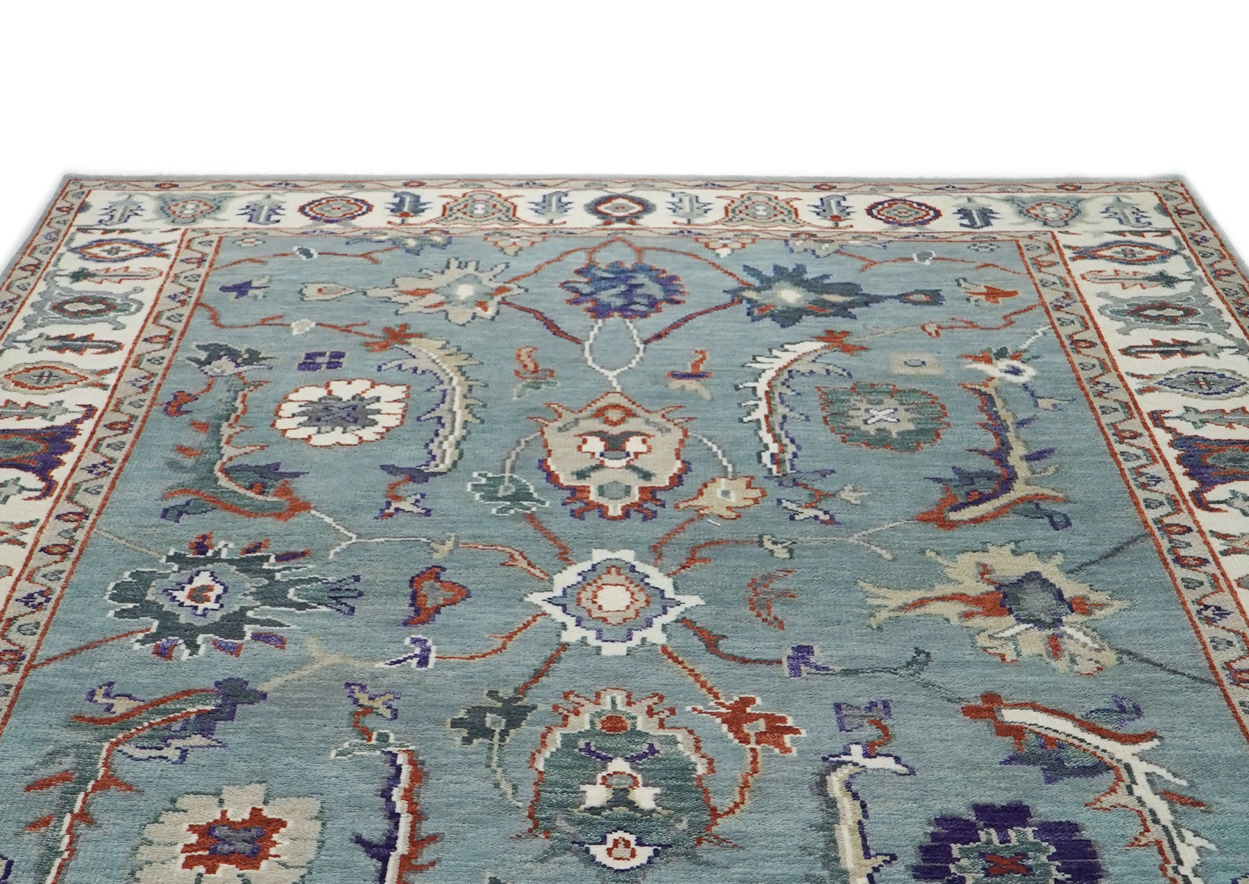 9x12 Blue, Ivory, Burnt Orange Color Hand Knotted Oushak Wool Transitional Oriental Rug