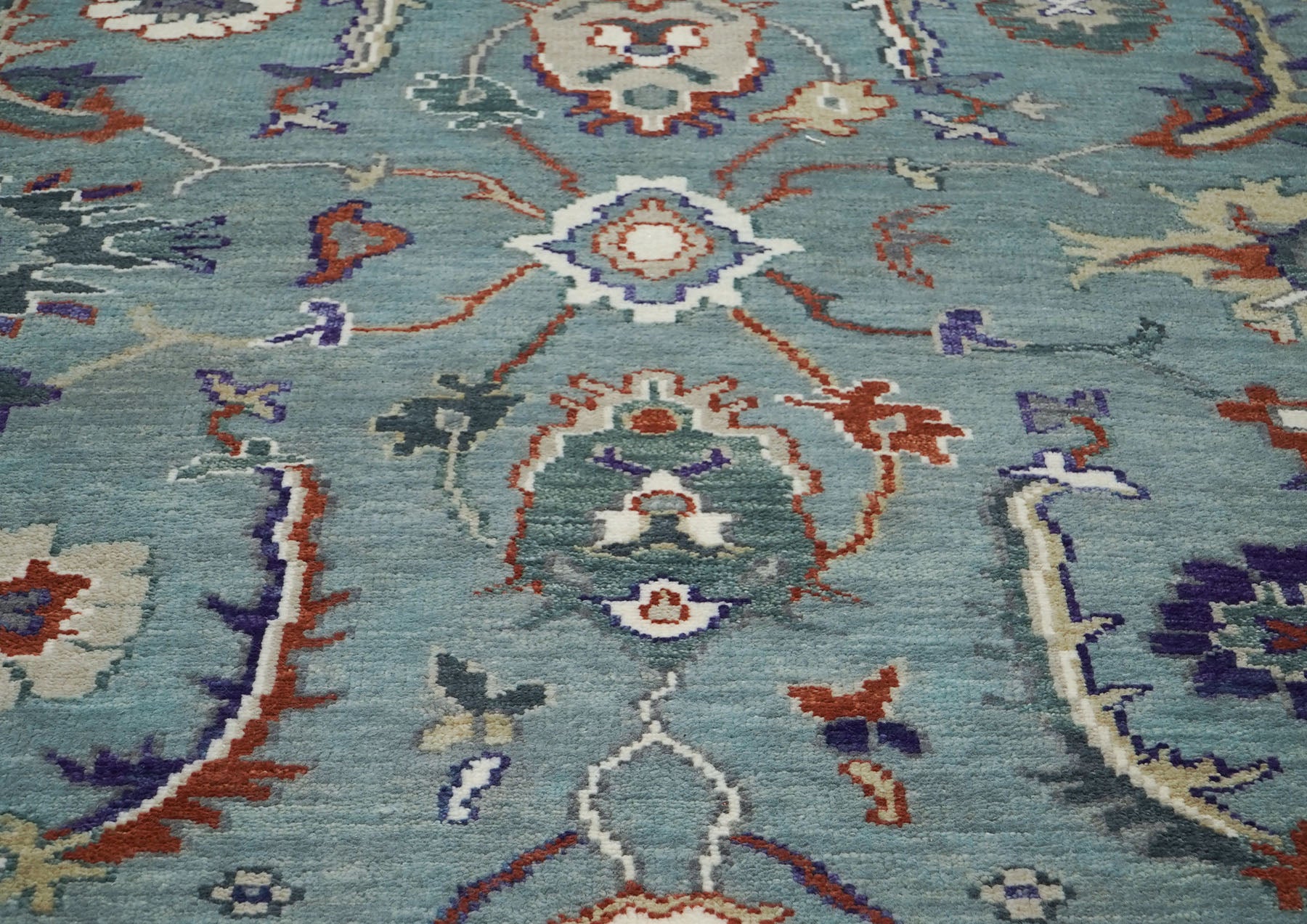9x12 Blue, Ivory, Burnt Orange Color Hand Knotted Oushak Wool Transitional Oriental Rug