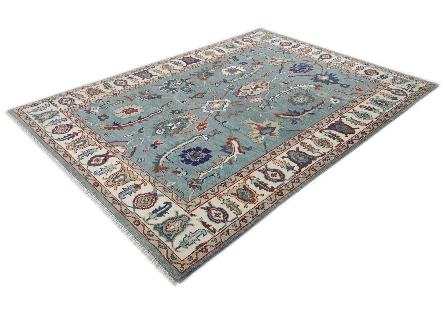 9x12 Blue, Ivory, Burnt Orange Color Hand Knotted Oushak Wool Transitional Oriental Rug
