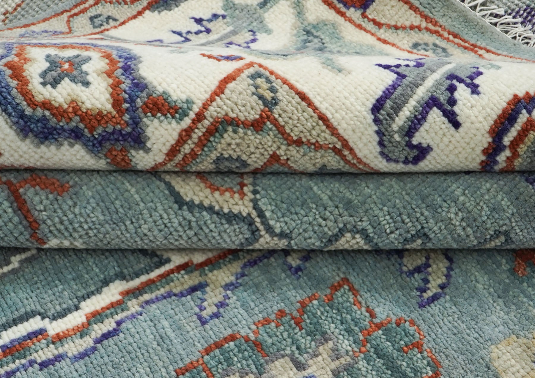 9x12 Blue, Ivory, Burnt Orange Color Hand Knotted Oushak Wool Transitional Oriental Rug