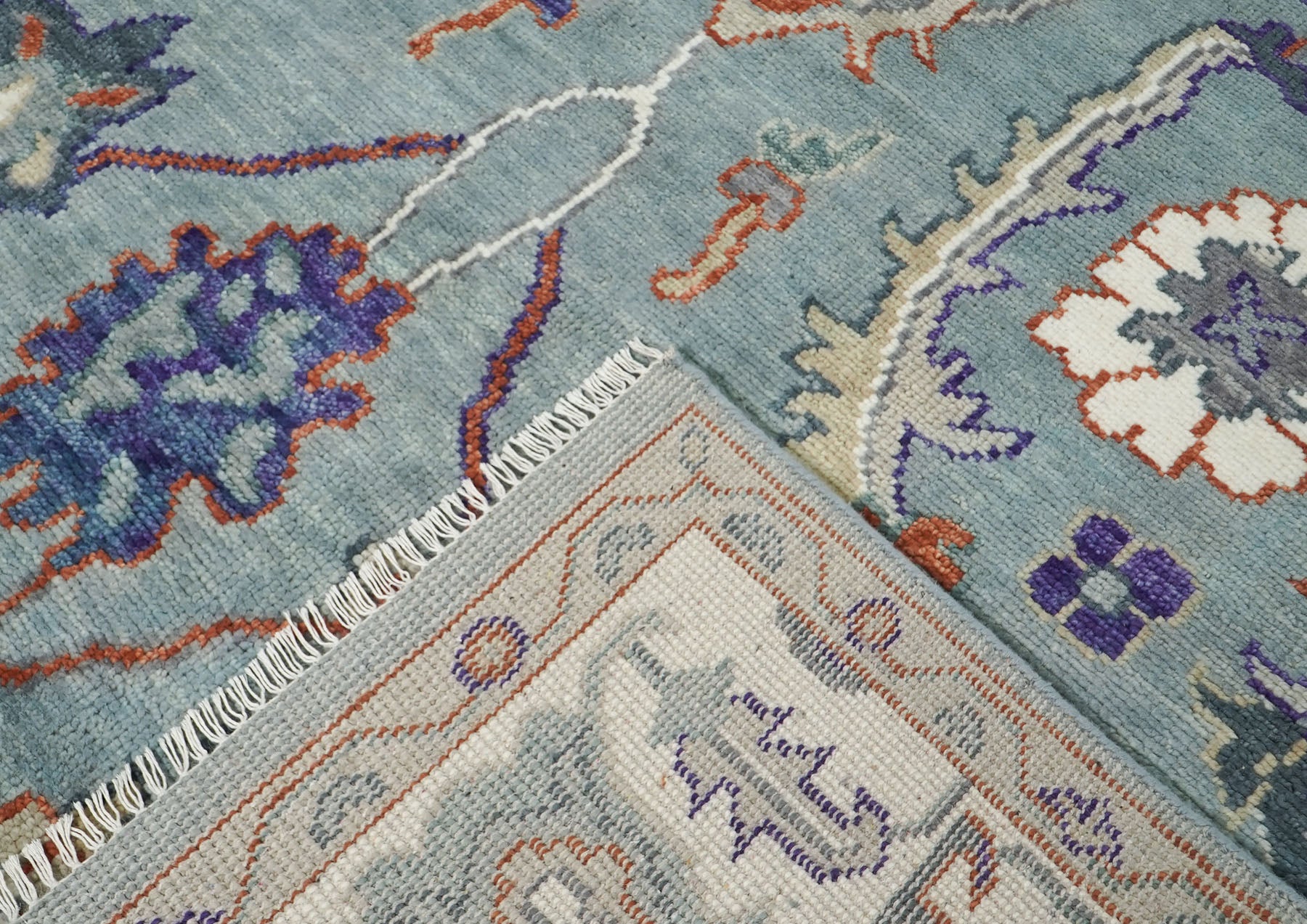 9x12 Blue, Ivory, Burnt Orange Color Hand Knotted Oushak Wool Transitional Oriental Rug