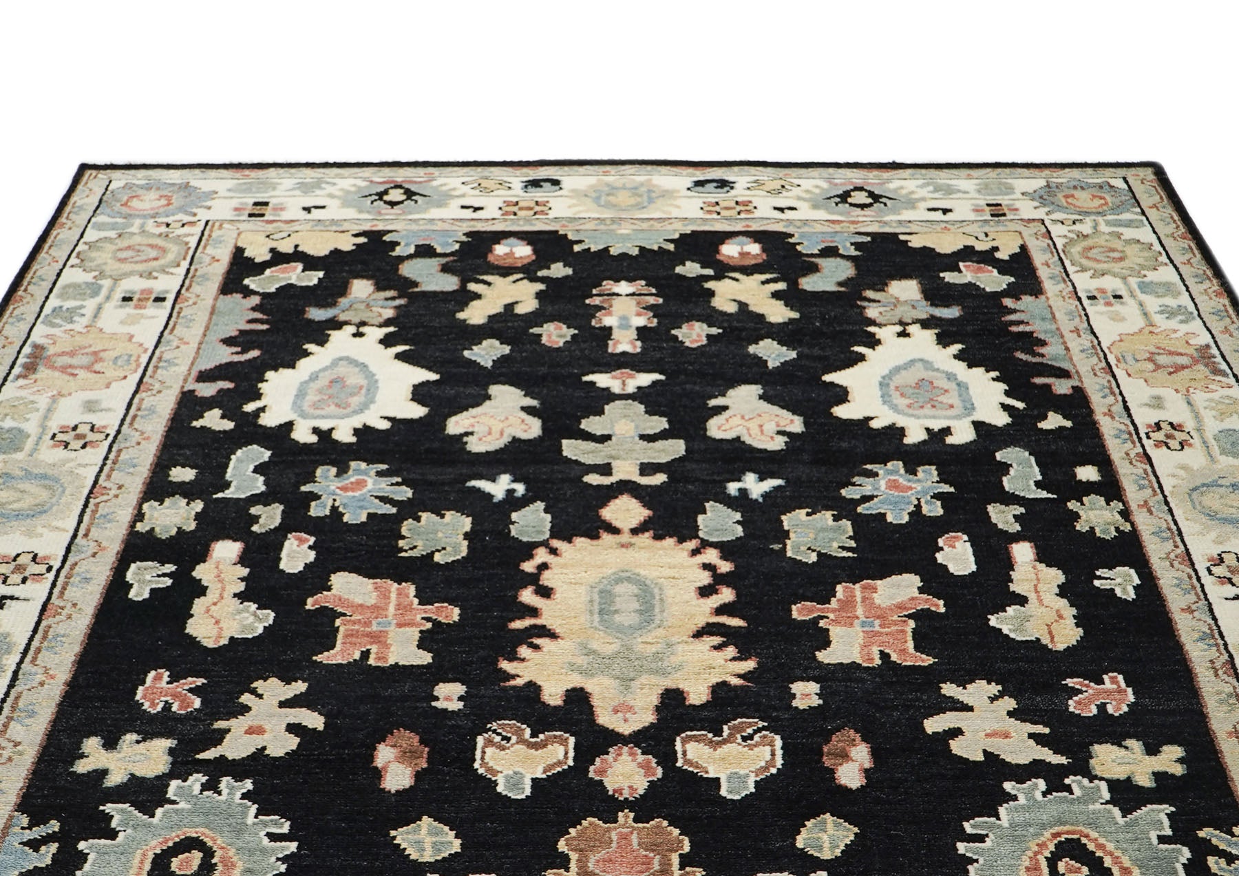 9x12 Black, Ivory, Rust Color Hand Knotted Oushak Wool Arts and Crafts Oriental Rug