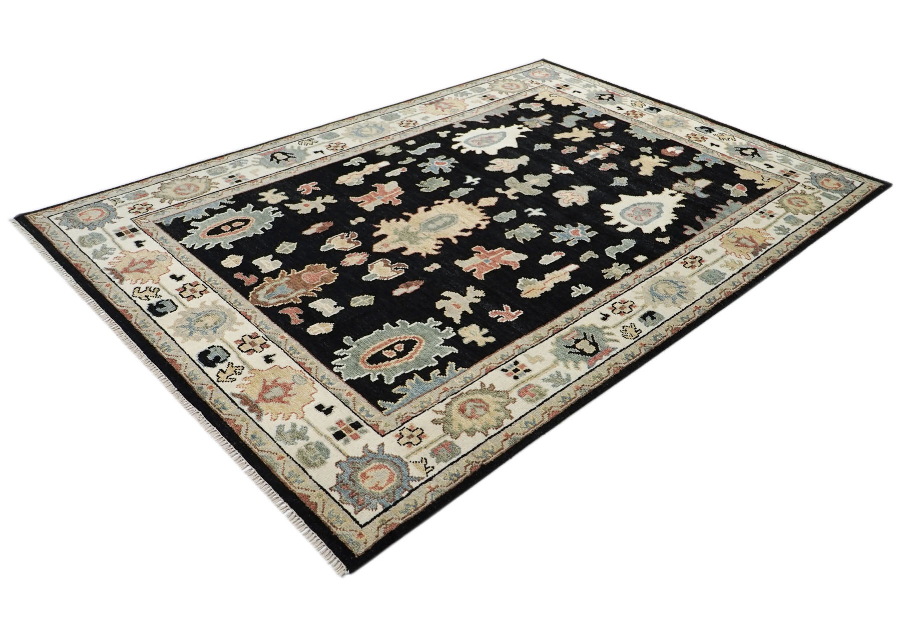 9x12 Black, Ivory, Rust Color Hand Knotted Oushak Wool Arts and Crafts Oriental Rug