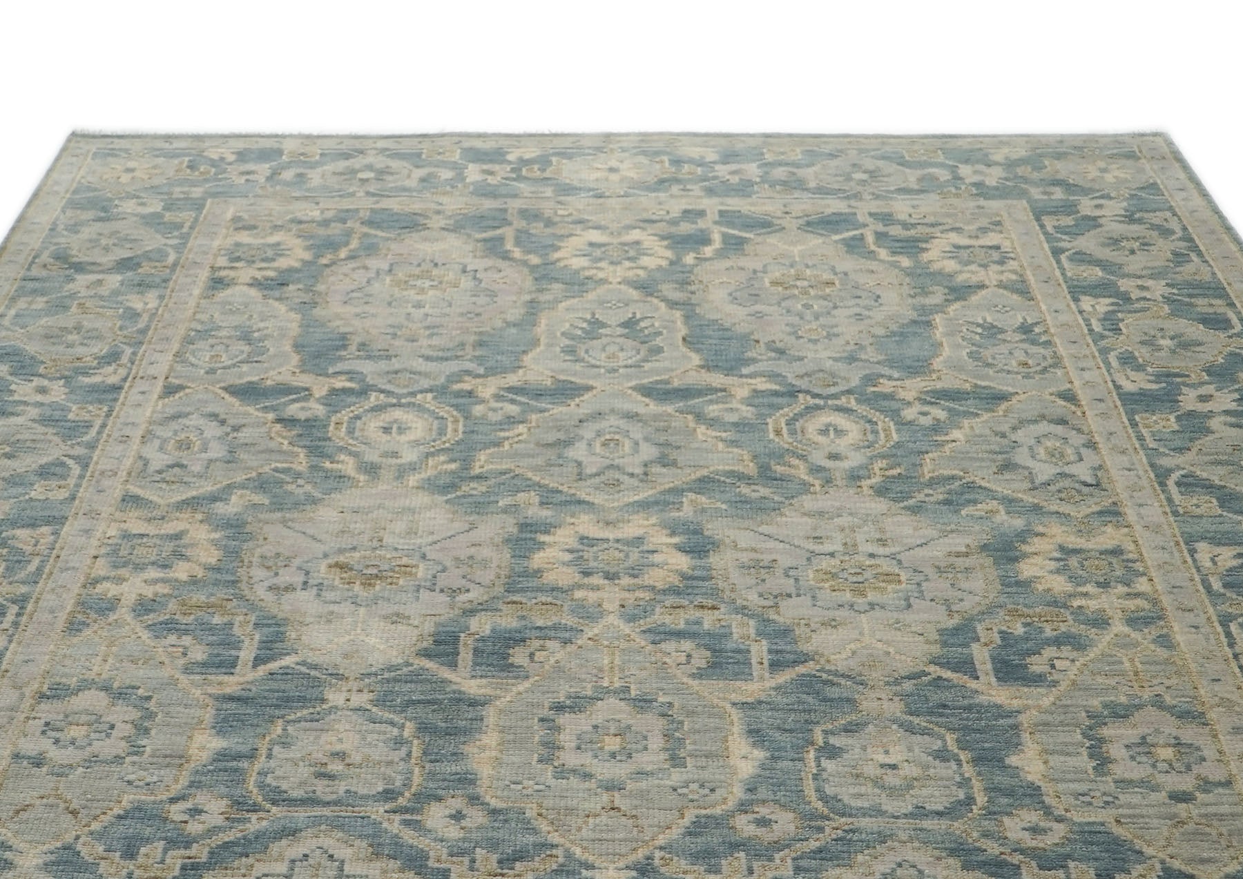 9x12 Blue, Slate, Beige Color Hand Knotted Oushak Wool Transitional Oriental Rug