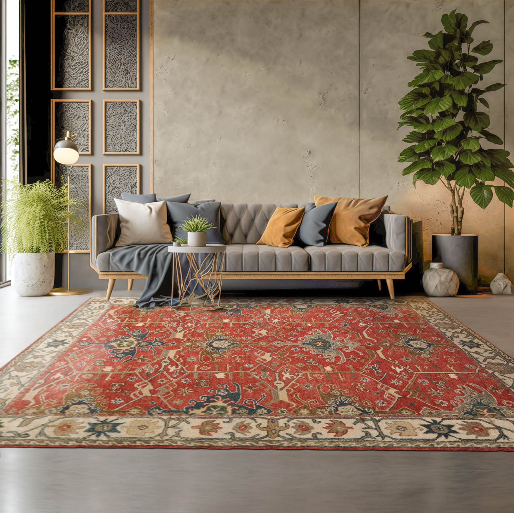 Multi Size Muted Coral Ivory Gray Color Hand Tufted All-Over 100% Wool Arts & Crafts Oriental Rug