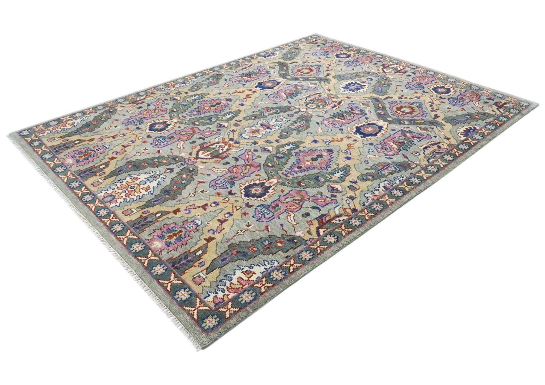 9x12 Slate, Gray, Pink Color Hand Knotted Oushak Wool Arts and Crafts Oriental Rug