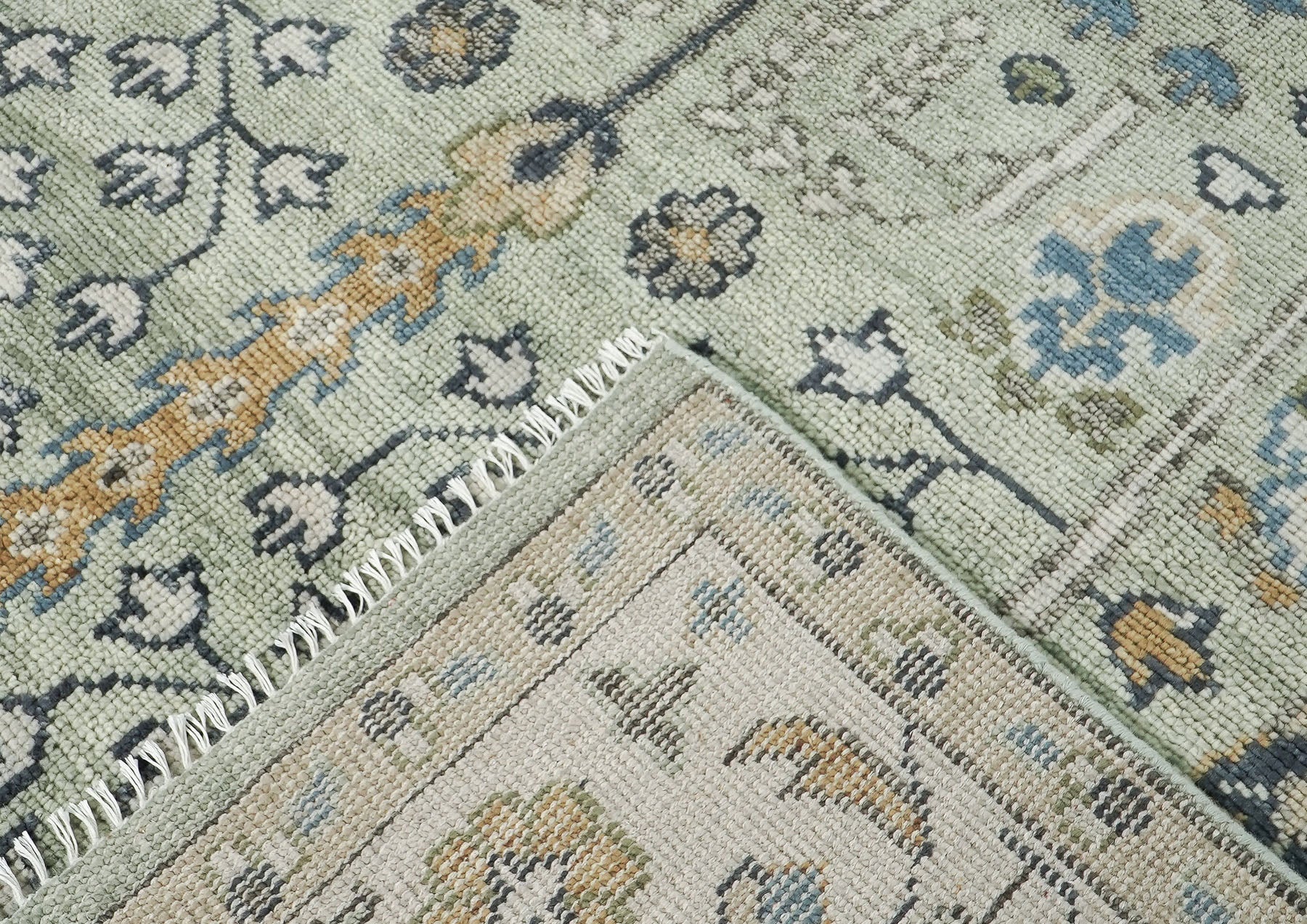 10x14 Mint, Ivory, Blue Color Hand Knotted Oushak Wool Transitional Oriental Rug