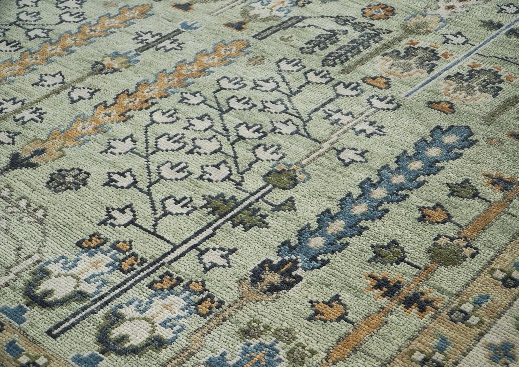 10x14 Mint, Ivory, Blue Color Hand Knotted Oushak Wool Transitional Oriental Rug