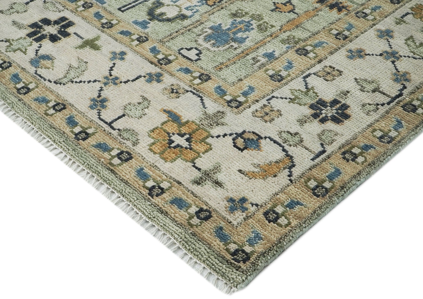 10x14 Mint, Ivory, Blue Color Hand Knotted Oushak Wool Transitional Oriental Rug