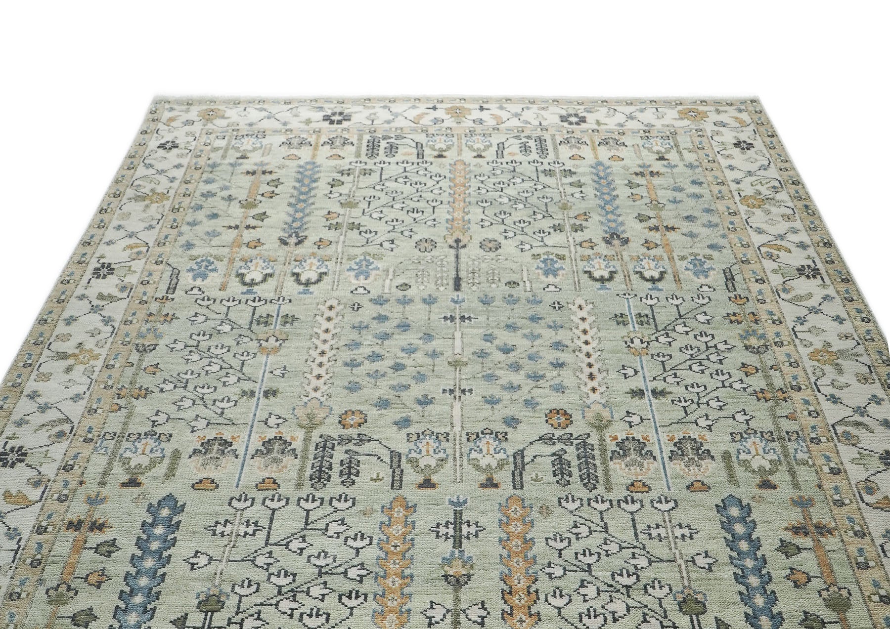 10x14 Mint, Ivory, Blue Color Hand Knotted Oushak Wool Transitional Oriental Rug