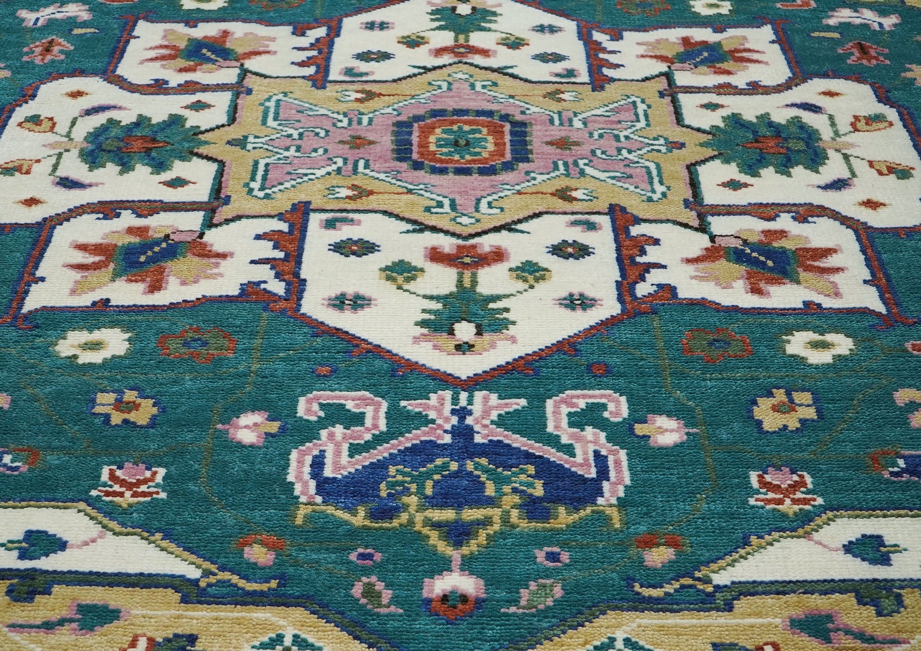 9x12 Teal, Ivory, Green Color Hand Knotted Oushak Wool  Oriental Rug
