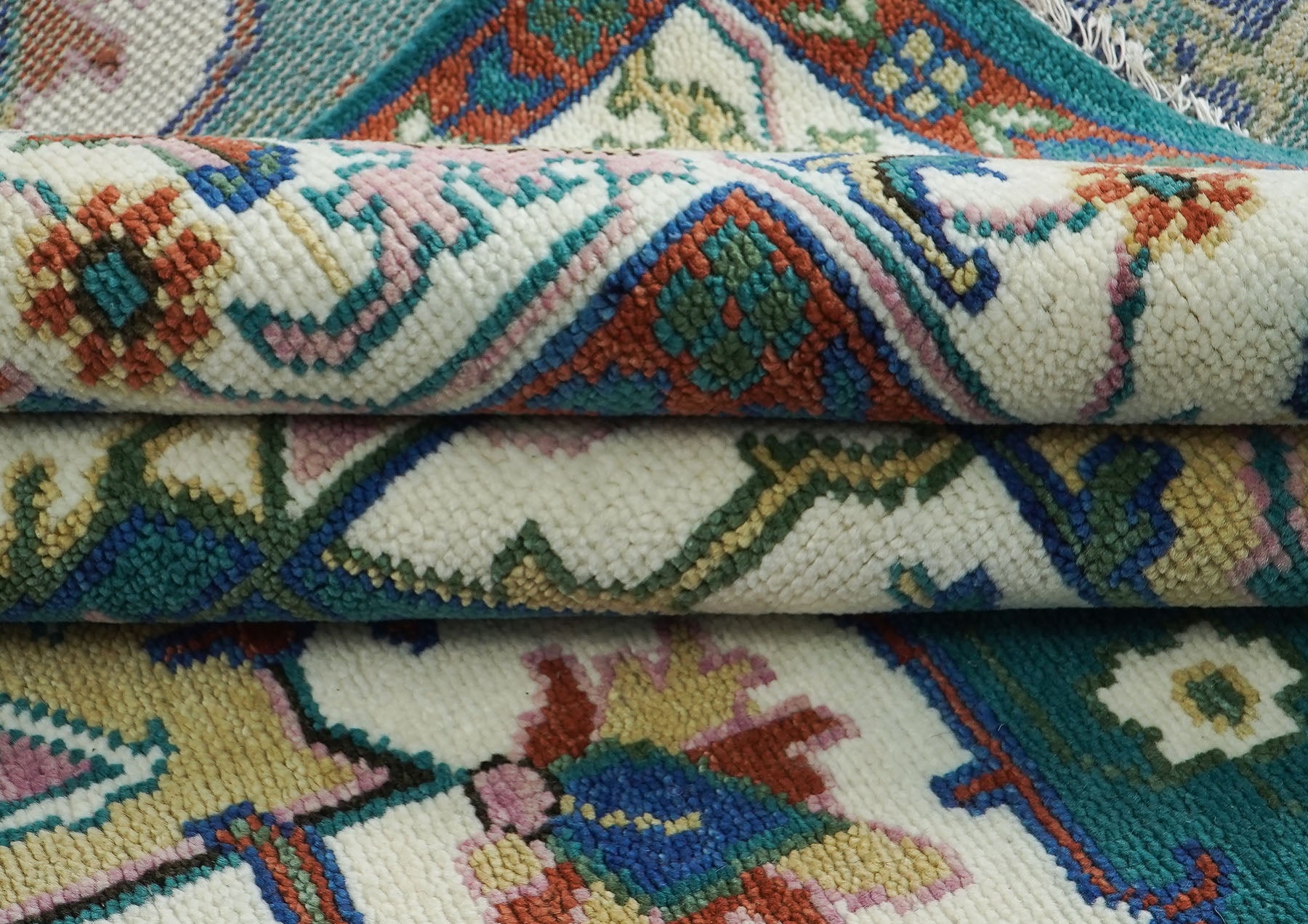 9x12 Teal, Ivory, Green Color Hand Knotted Oushak Wool  Oriental Rug