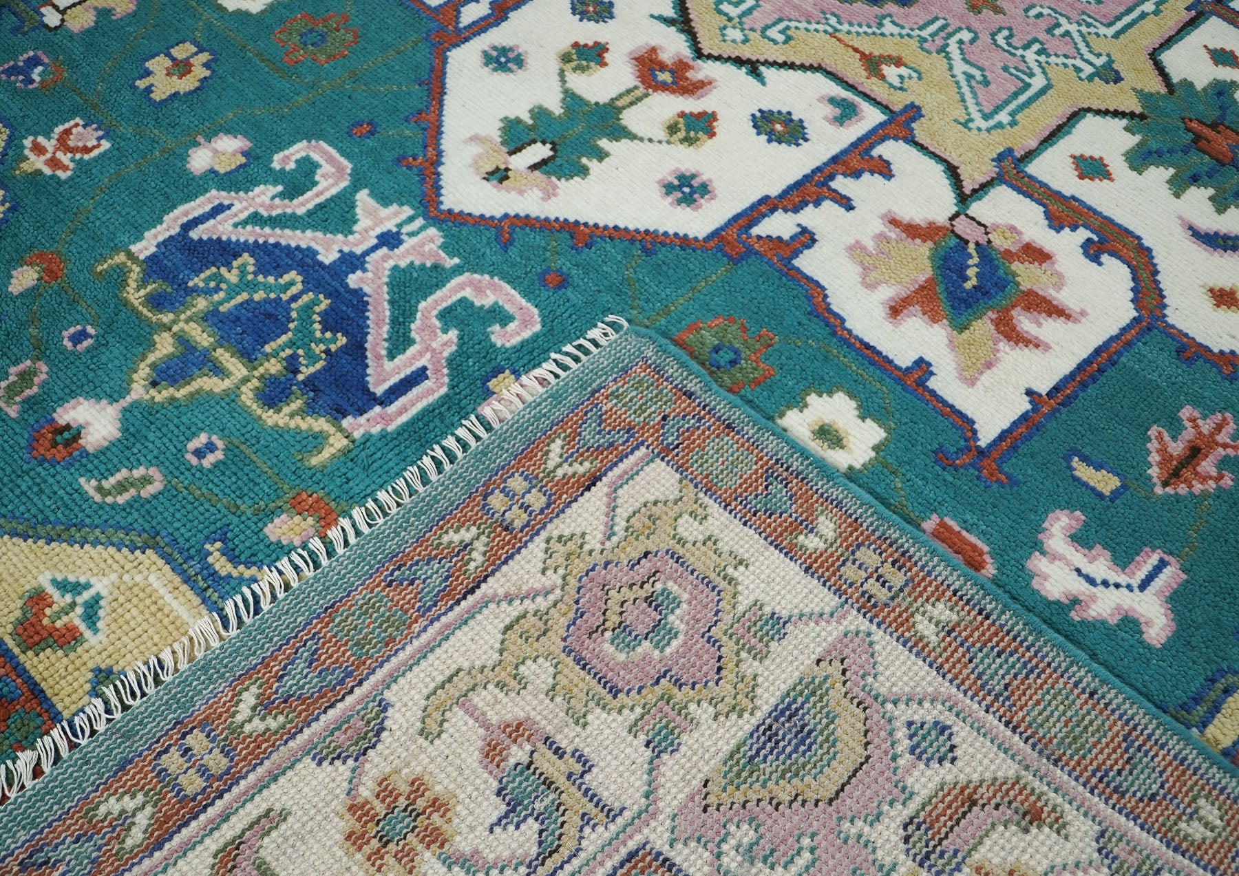 9x12 Teal, Ivory, Green Color Hand Knotted Oushak Wool  Oriental Rug