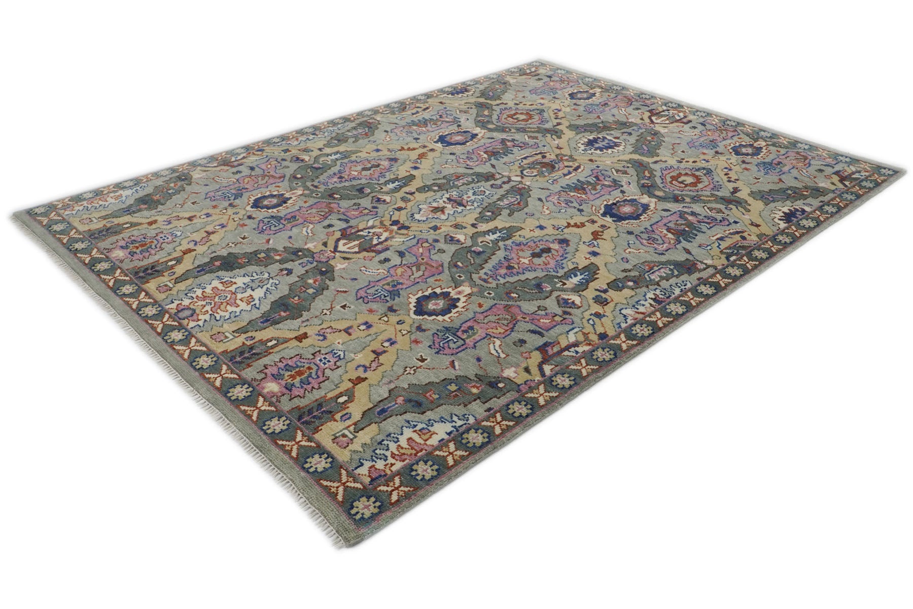 9x12 Gray, Tan, Rose Color Hand Knotted Oushak Wool Arts and Crafts Oriental Rug