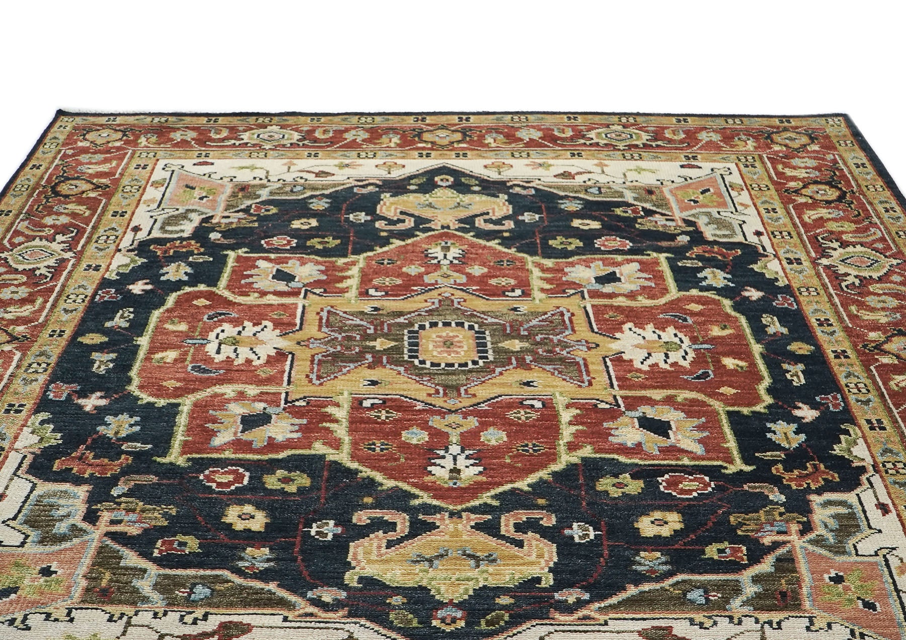 9x12 Blue, Burnt Orange, Ivory Color Hand Knotted Oushak Wool  Oriental Rug