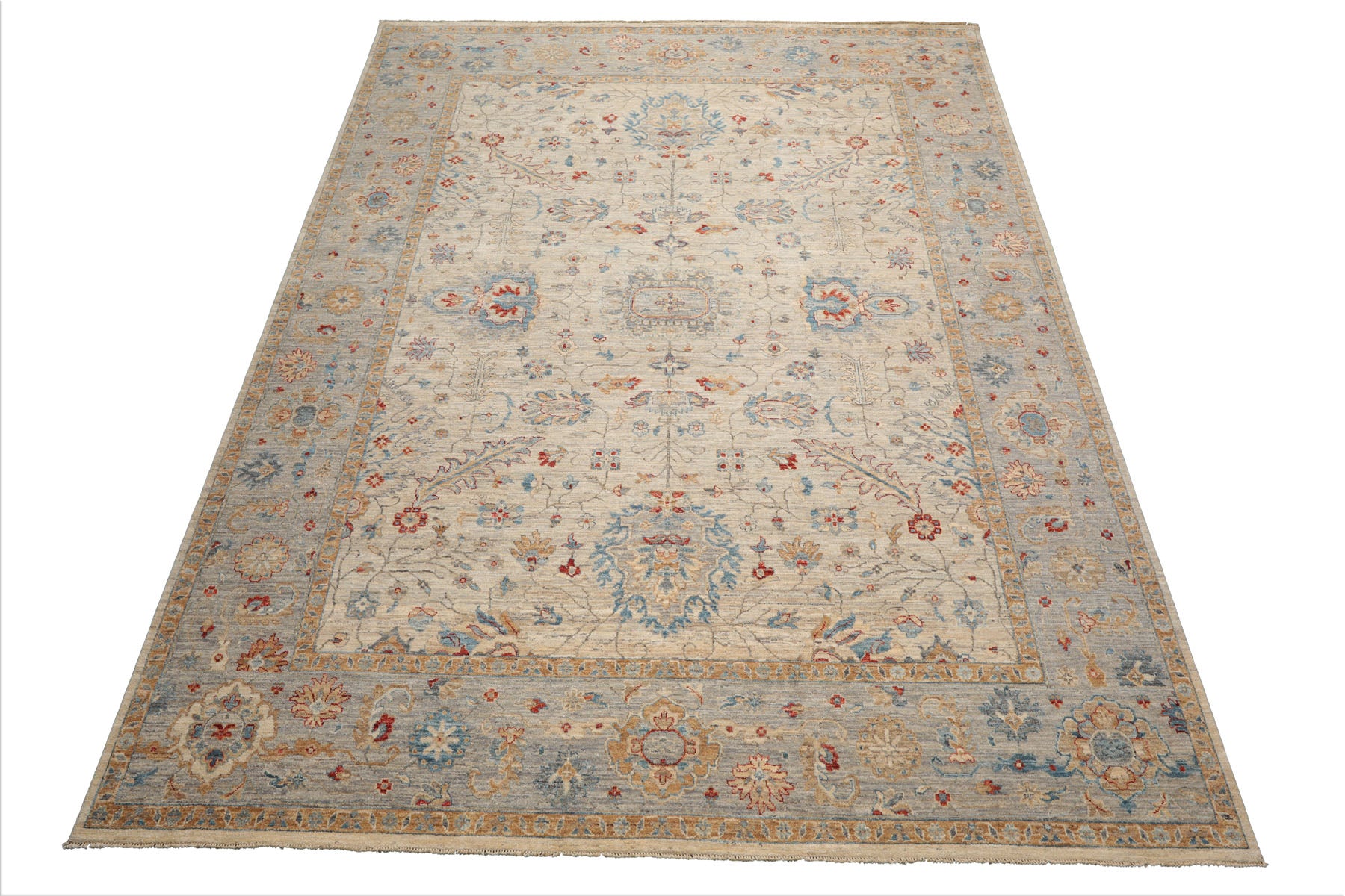9x12 Beige, Gray, Red Color Hand Knotted Khyber Wool Traditional Oriental Rug