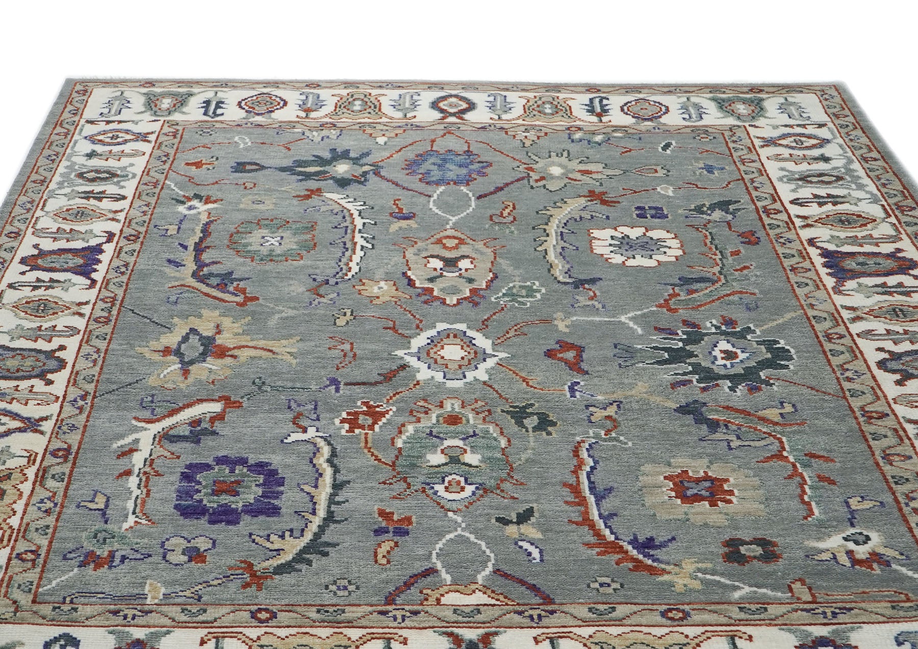 9x12 Slate, Ivory, Rust Color Hand Knotted Oushak Wool Transitional Oriental Rug