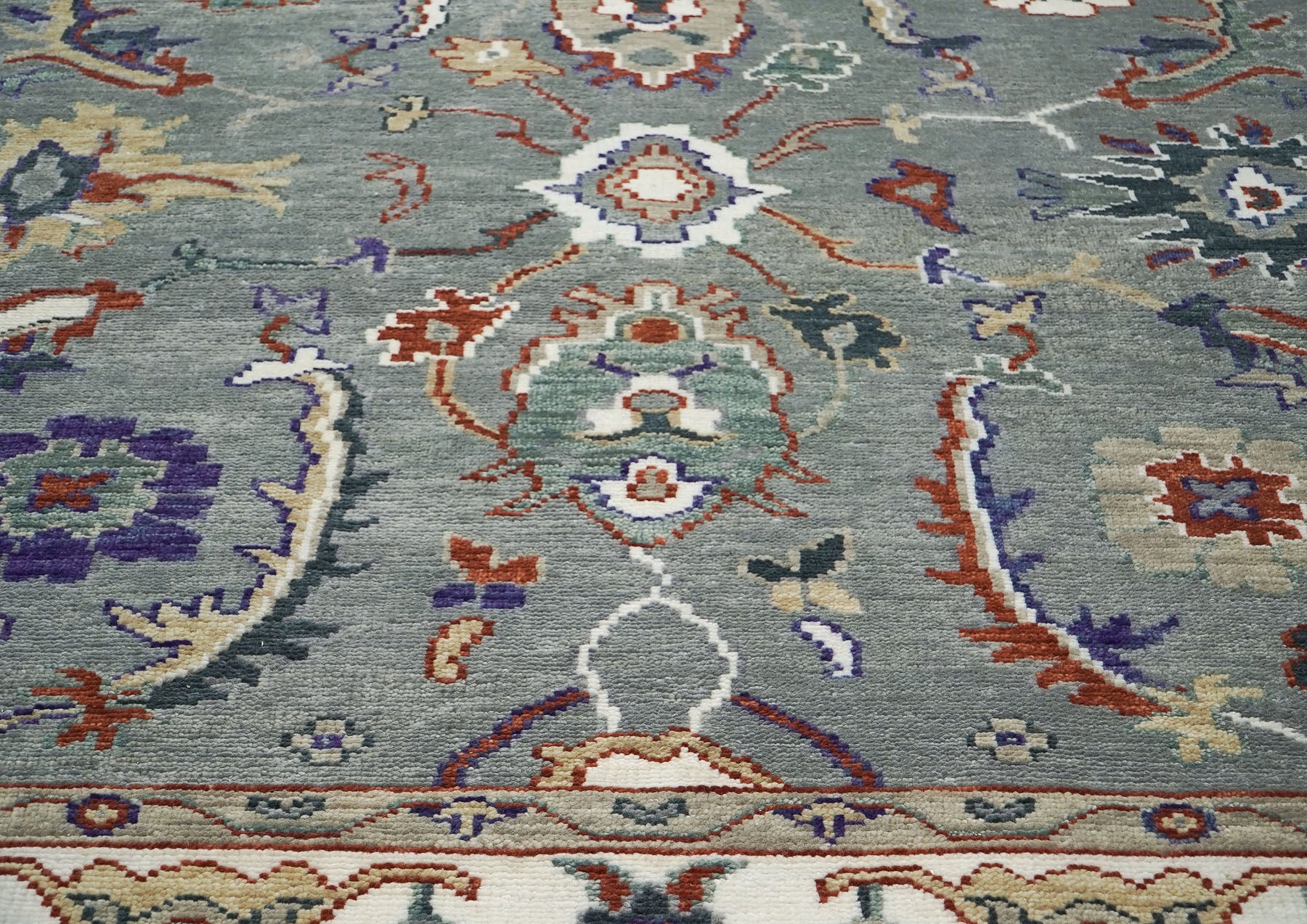 9x12 Slate, Ivory, Rust Color Hand Knotted Oushak Wool Transitional Oriental Rug