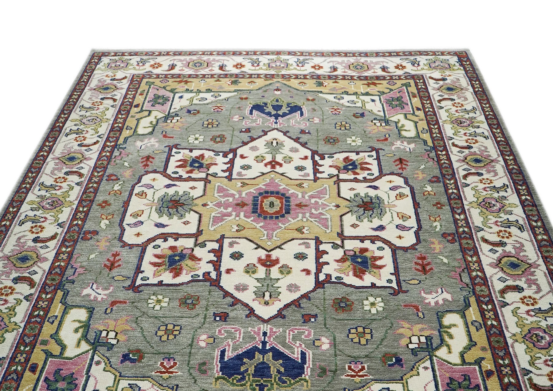 10x14 Ivory, Gray, Rust Color Hand Knotted Oushak Wool  Oriental Rug