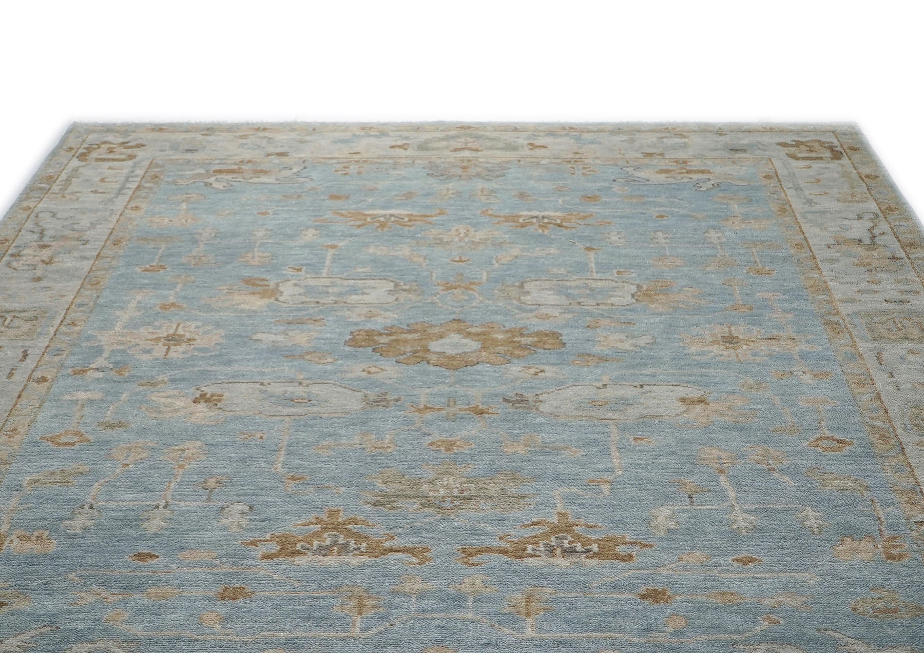 9x12 Blue, Gray, Brown Color Hand Knotted Oushak Wool Transitional Oriental Rug