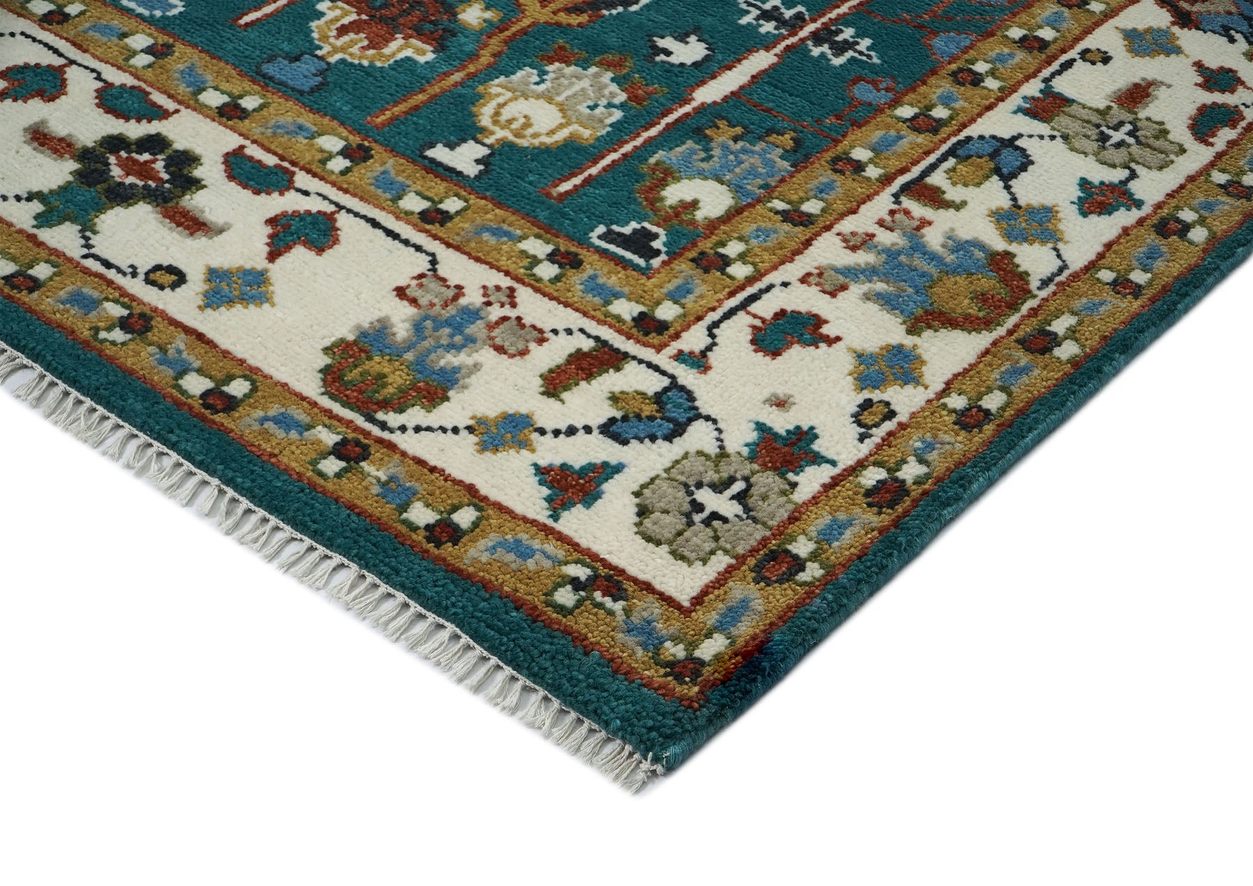9x12 Turquoise, Ivory, Burnt Orange Color Hand Knotted Oushak Wool Transitional Oriental Rug