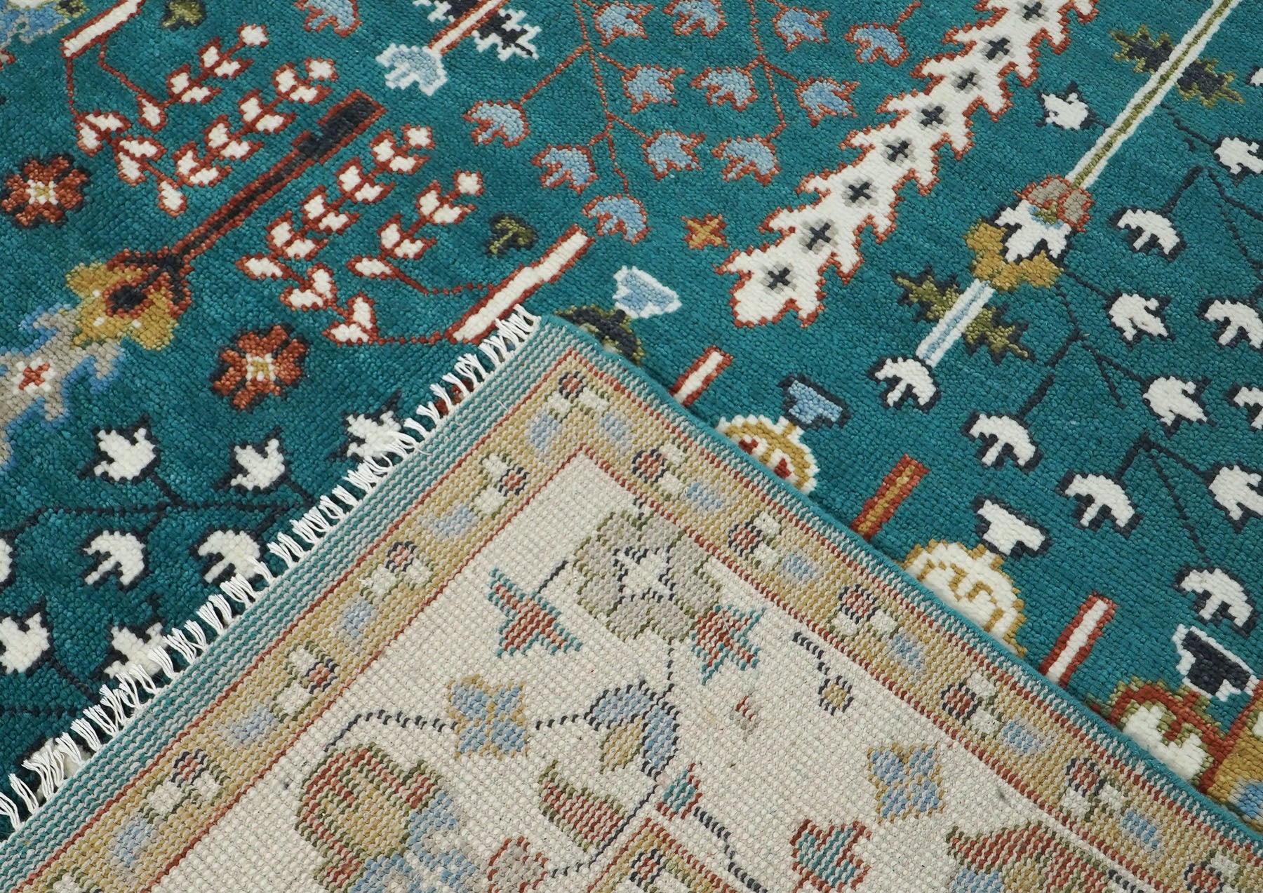 9x12 Turquoise, Ivory, Burnt Orange Color Hand Knotted Oushak Wool Transitional Oriental Rug
