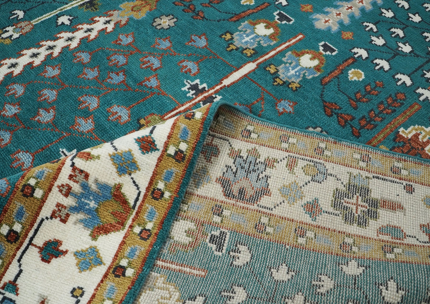 9x12 Turquoise, Ivory, Burnt Orange Color Hand Knotted Oushak Wool Transitional Oriental Rug