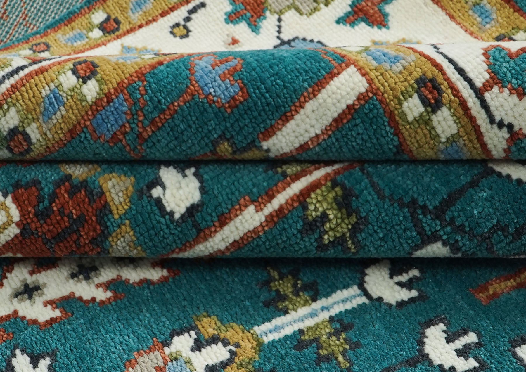 9x12 Turquoise, Ivory, Burnt Orange Color Hand Knotted Oushak Wool Transitional Oriental Rug