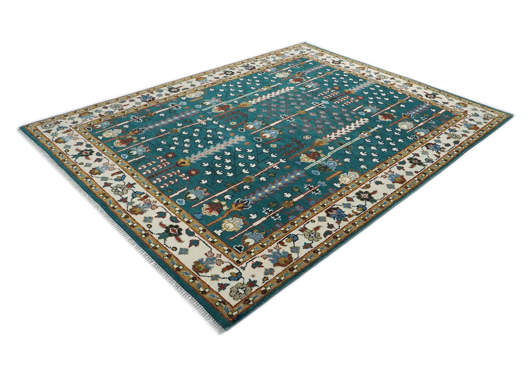 9x12 Turquoise, Ivory, Burnt Orange Color Hand Knotted Oushak Wool Transitional Oriental Rug