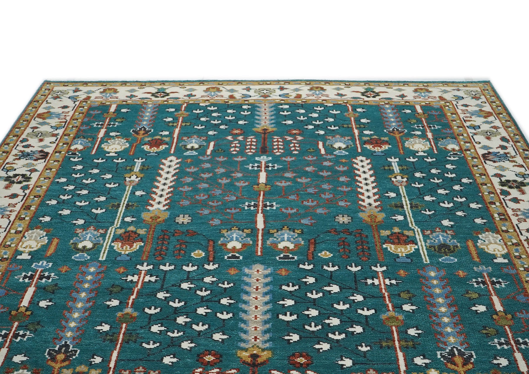 9x12 Turquoise, Ivory, Burnt Orange Color Hand Knotted Oushak Wool Transitional Oriental Rug