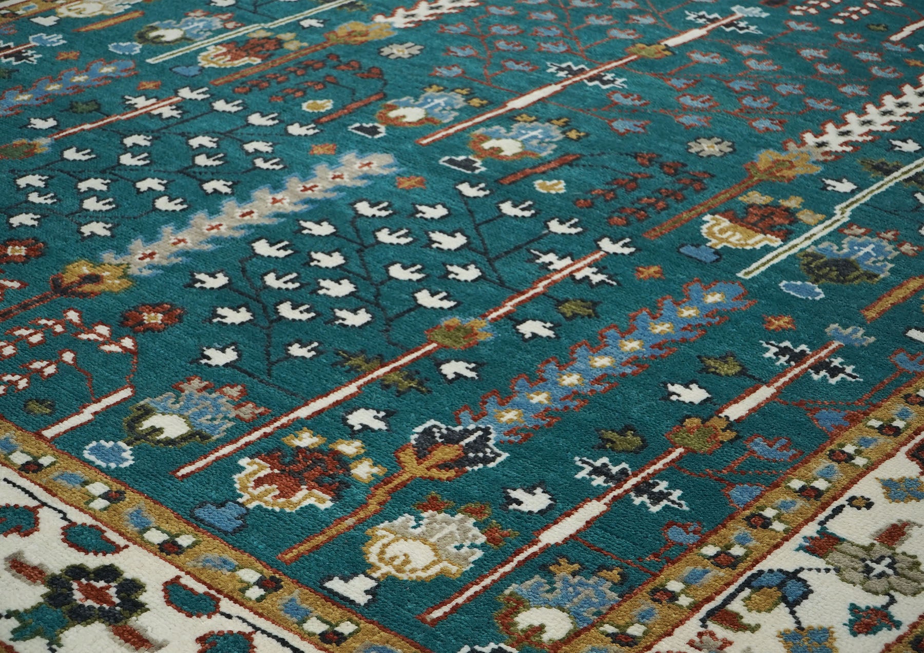9x12 Turquoise, Ivory, Burnt Orange Color Hand Knotted Oushak Wool Transitional Oriental Rug