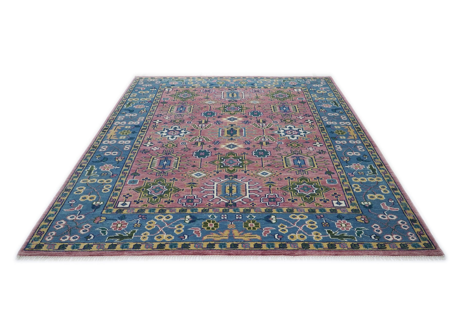 9x12 Pink, Blue, Ivory Color Hand Knotted Oushak Wool Arts and Crafts Oriental Rug