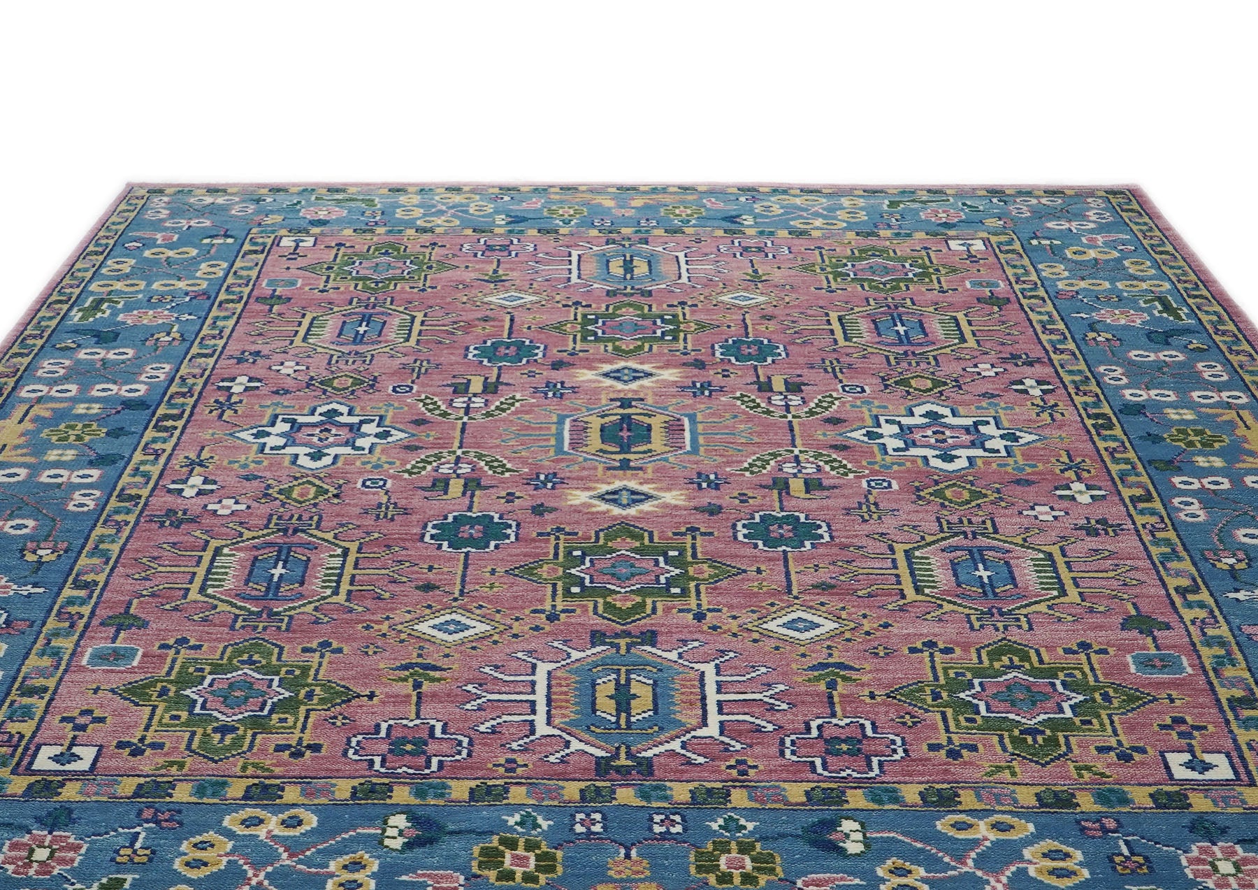 9x12 Pink, Blue, Ivory Color Hand Knotted Oushak Wool Arts and Crafts Oriental Rug