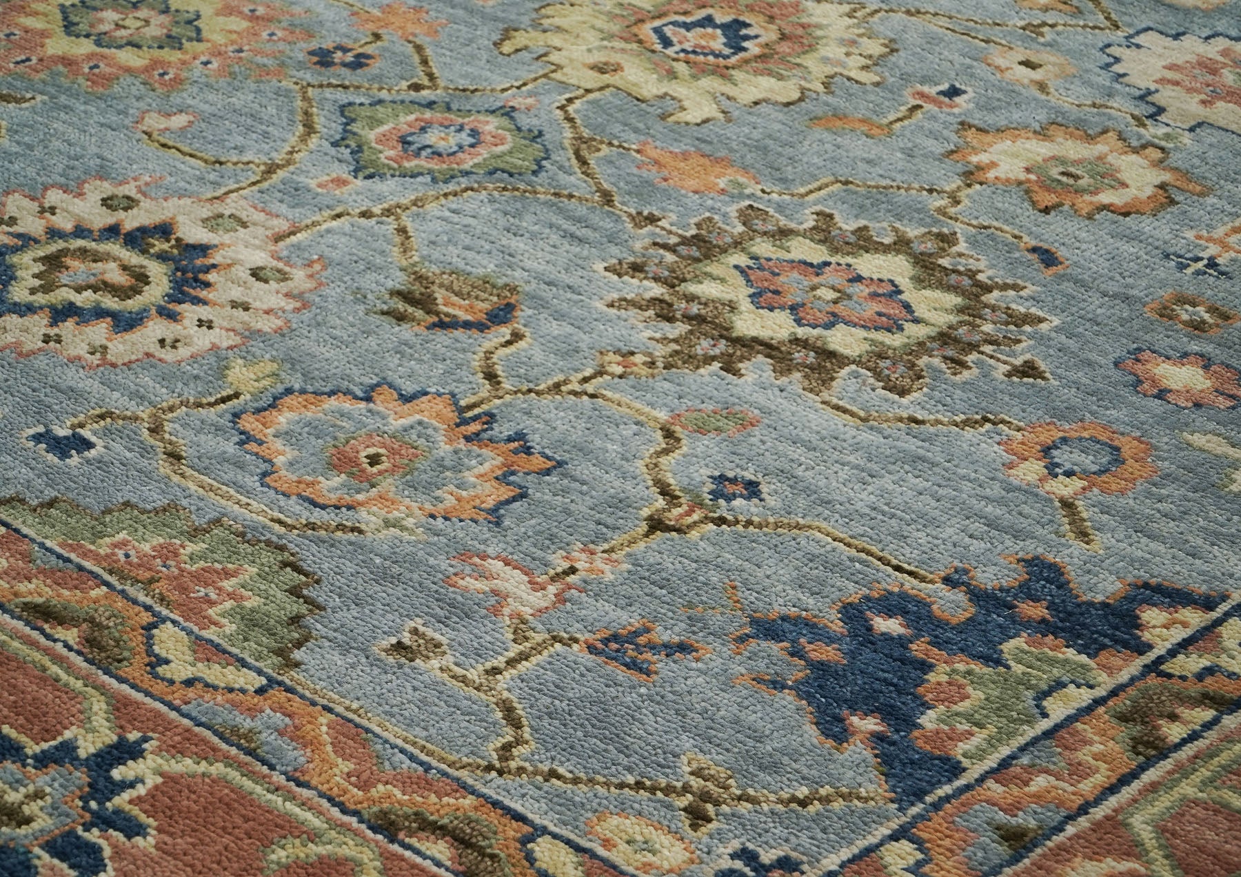 9x12 Slate, Blue, peach Color Hand Knotted Oushak Wool Arts and Crafts Oriental Rug