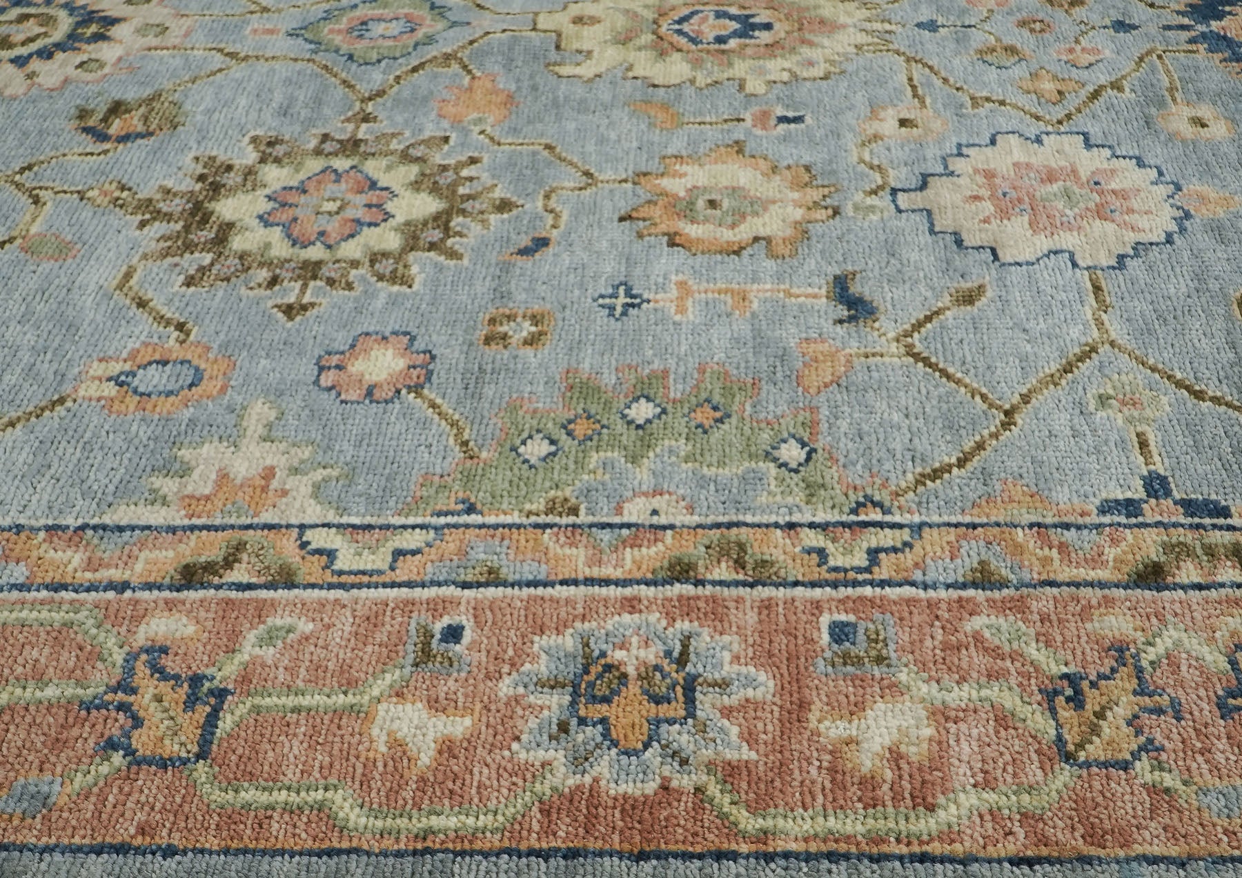 9x12 Slate, Blue, peach Color Hand Knotted Oushak Wool Arts and Crafts Oriental Rug
