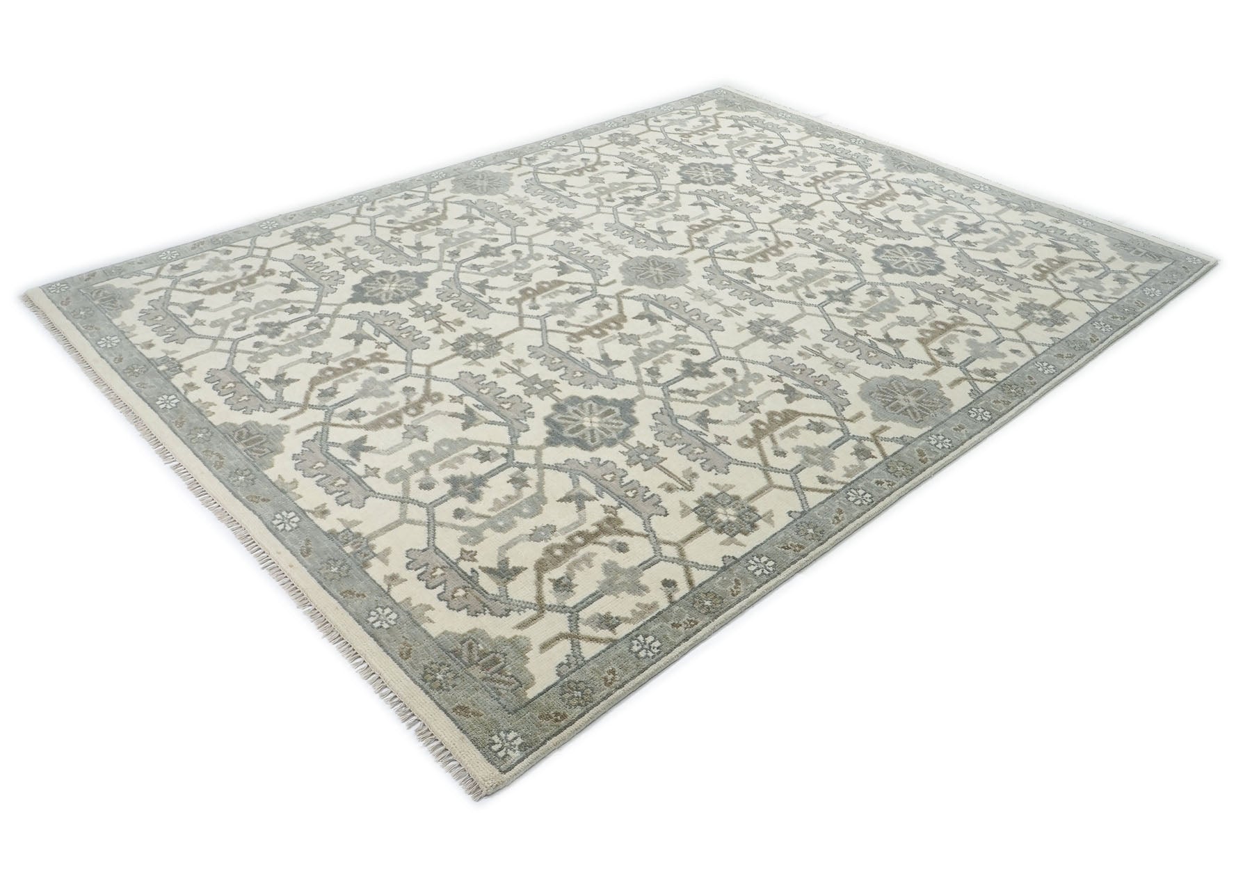9x12 Beige, Ivory, Gray Color Hand Knotted Oushak Wool Transitional Oriental Rug