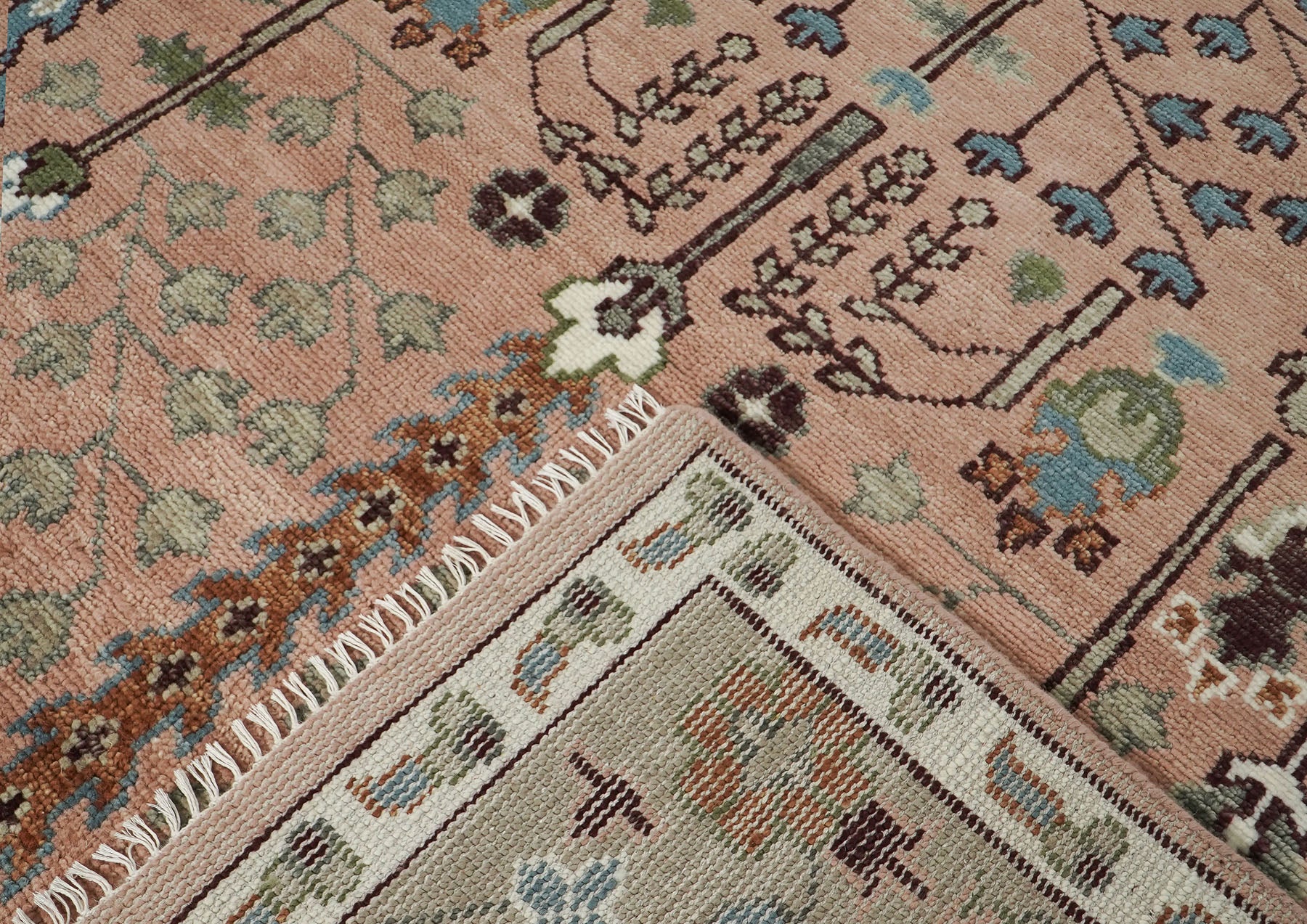 10x14 Rose, Mint, Brown Color Hand Knotted Oushak Wool Transitional Oriental Rug