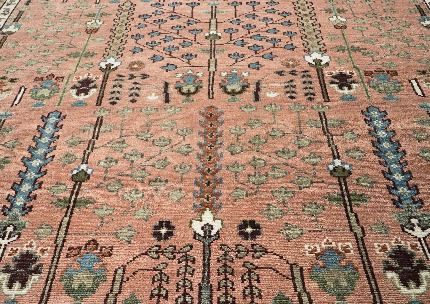 10x14 Rose, Mint, Brown Color Hand Knotted Oushak Wool Transitional Oriental Rug