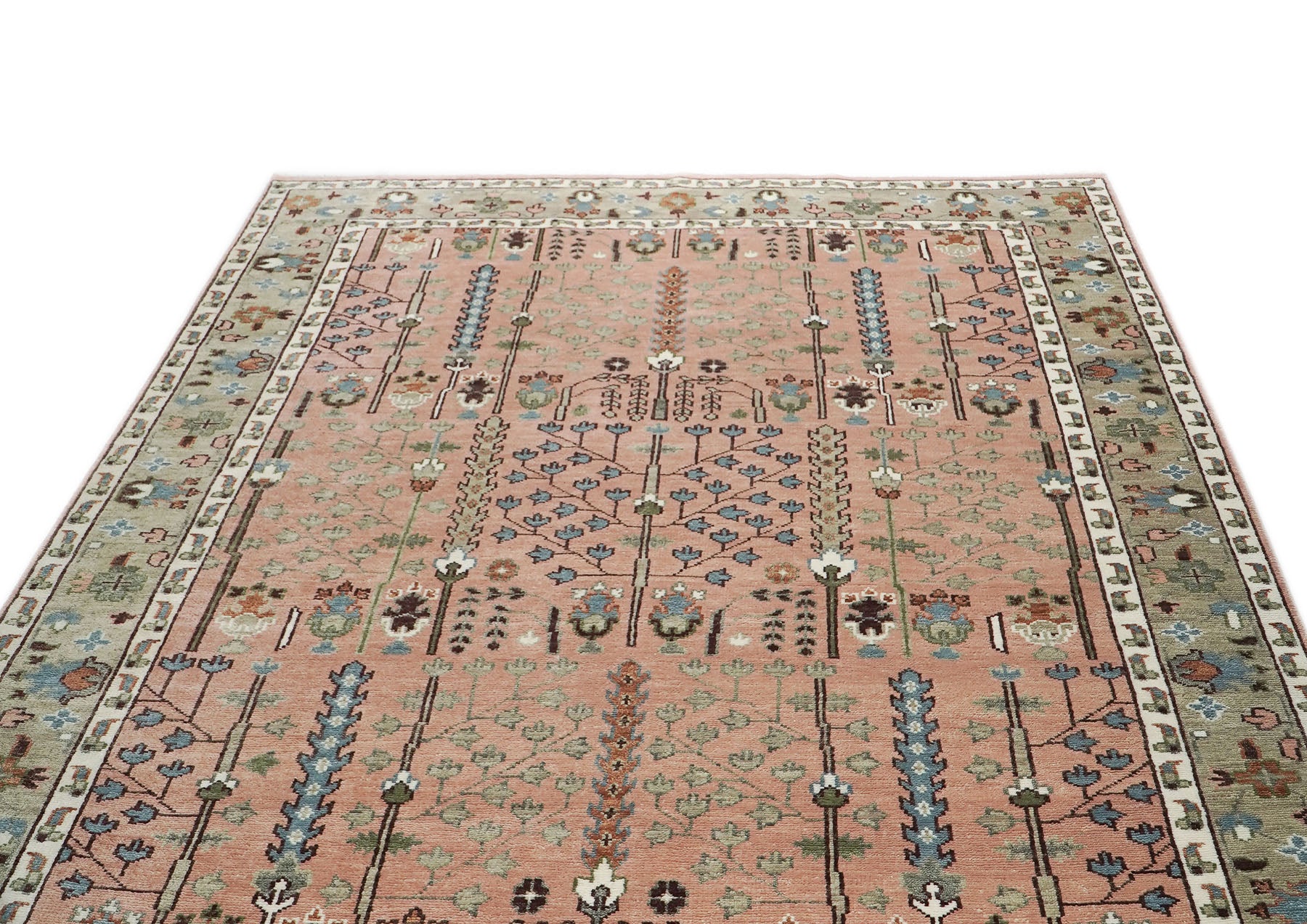 10x14 Rose, Mint, Brown Color Hand Knotted Oushak Wool Transitional Oriental Rug