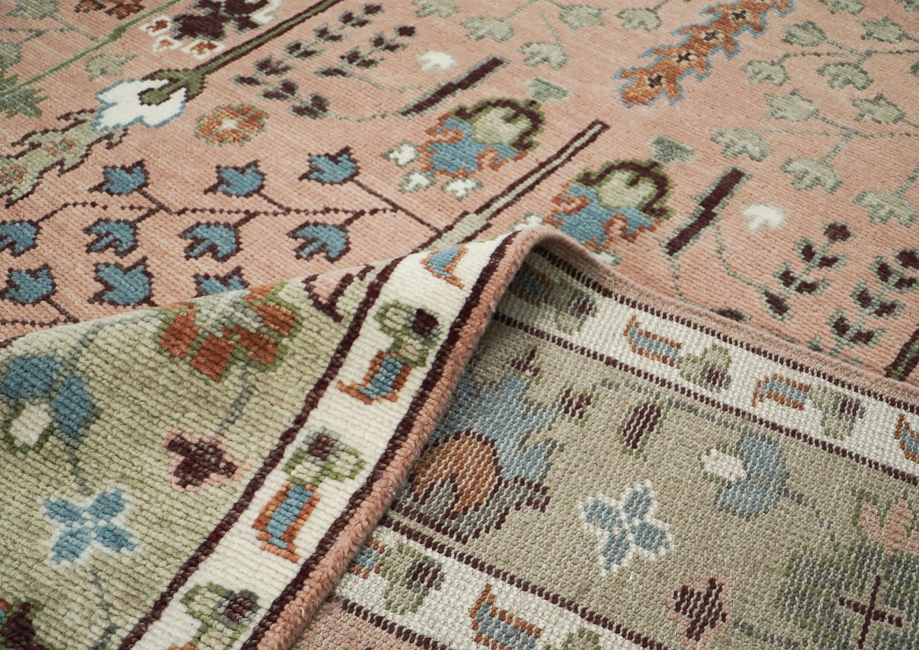 10x14 Rose, Mint, Brown Color Hand Knotted Oushak Wool Transitional Oriental Rug