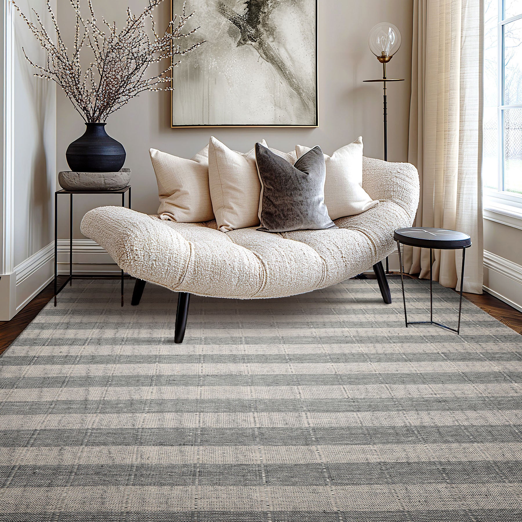 Galateah Multi Size Gray Wool Plaid Flatweave Modern Rug by LoomBloom Hand Woven Oriental Style