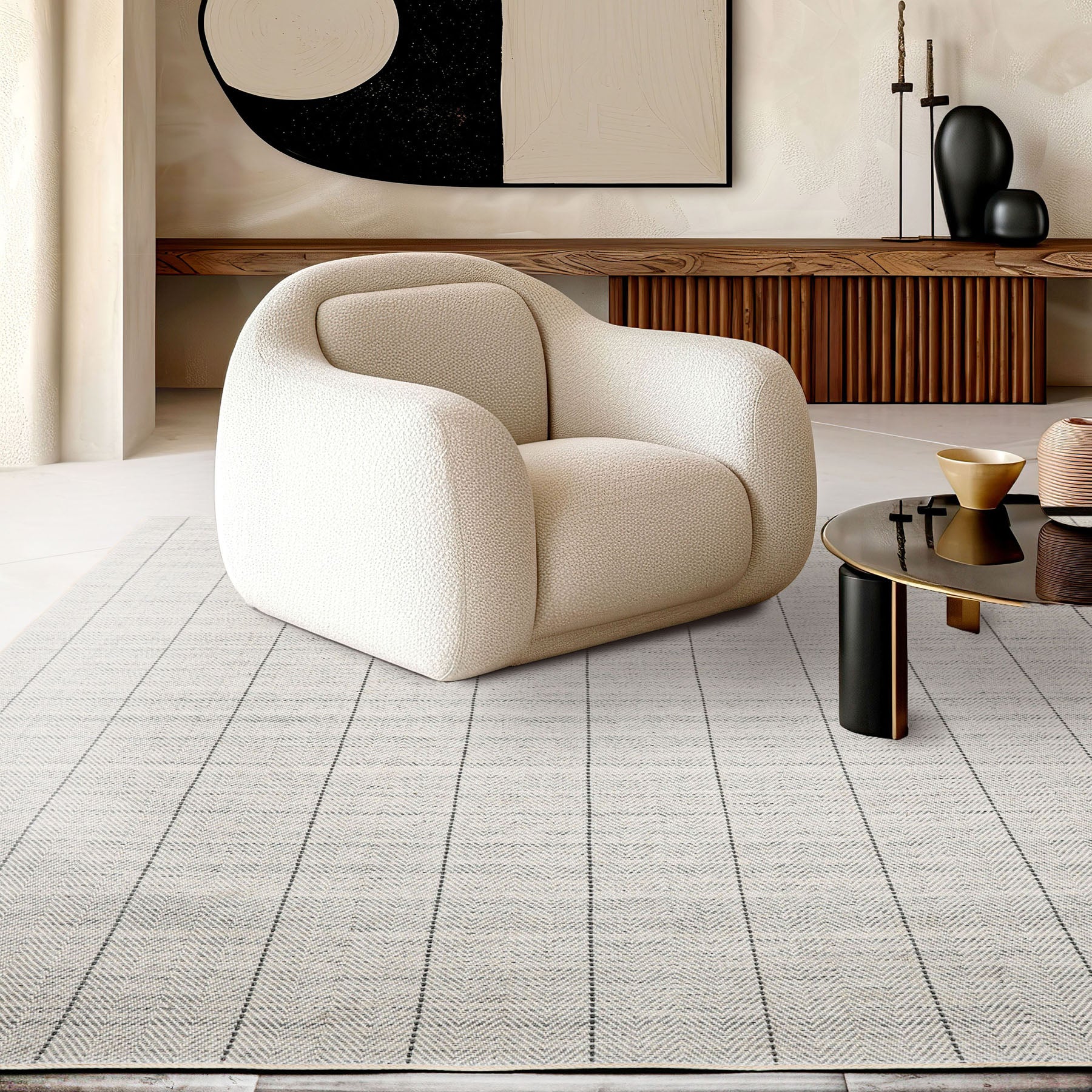 Multi Size Ivory  Gray Color Hand Loomed Flatweave Wool Modern Oriental Rug
