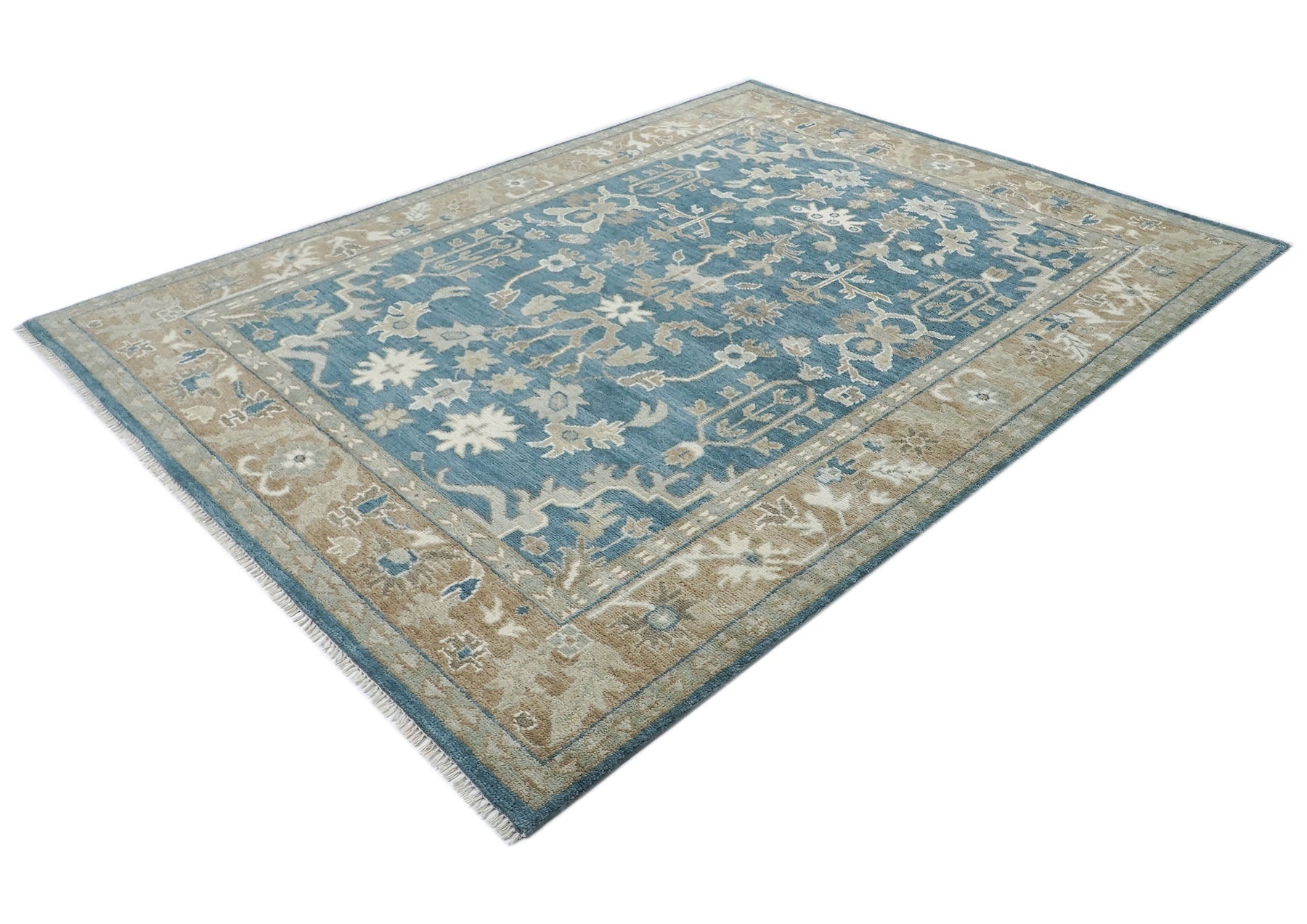 9x12 Blue, Tan, Ivory Color Hand Knotted Oushak Wool Transitional Oriental Rug