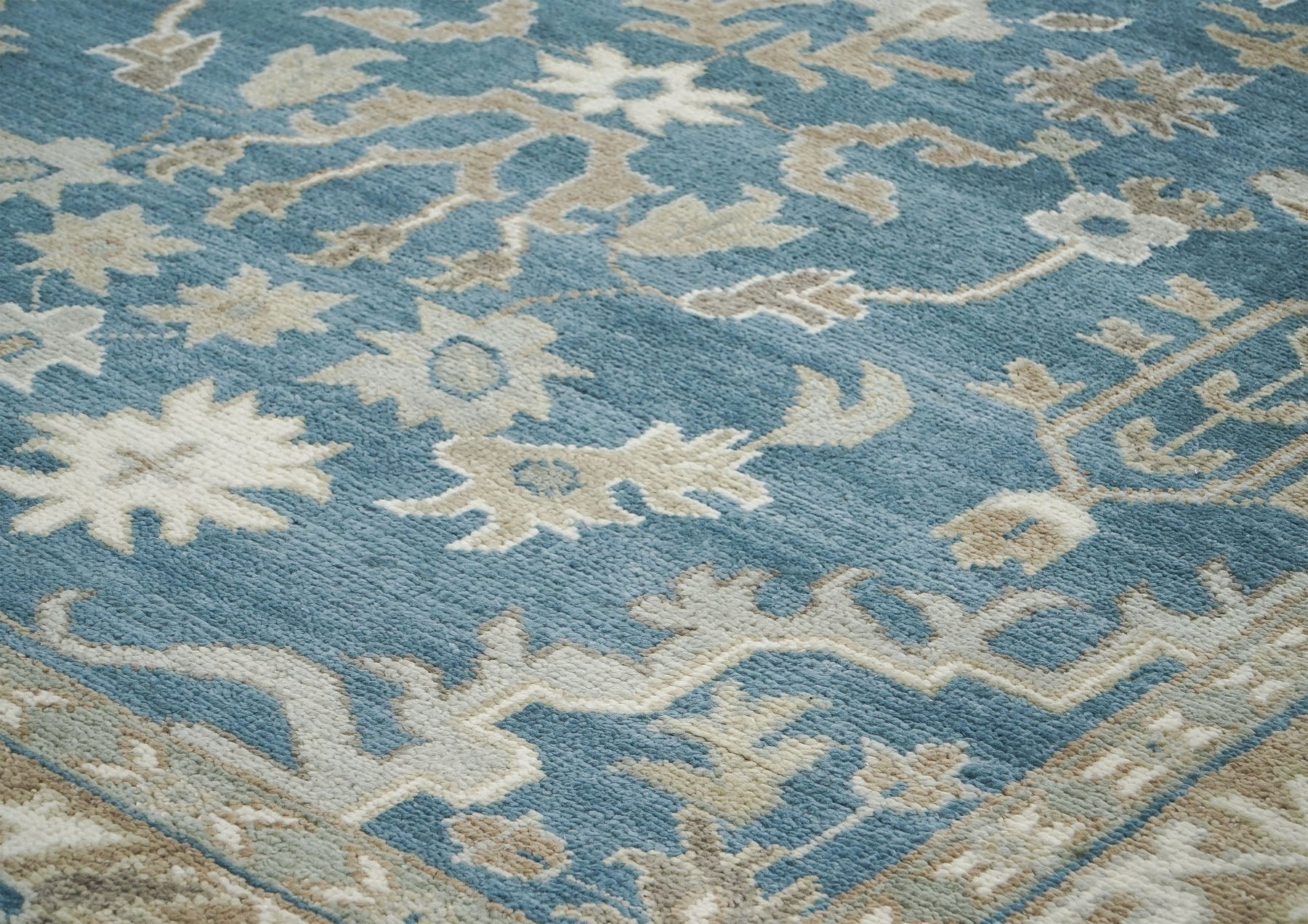 9x12 Blue, Tan, Ivory Color Hand Knotted Oushak Wool Transitional Oriental Rug