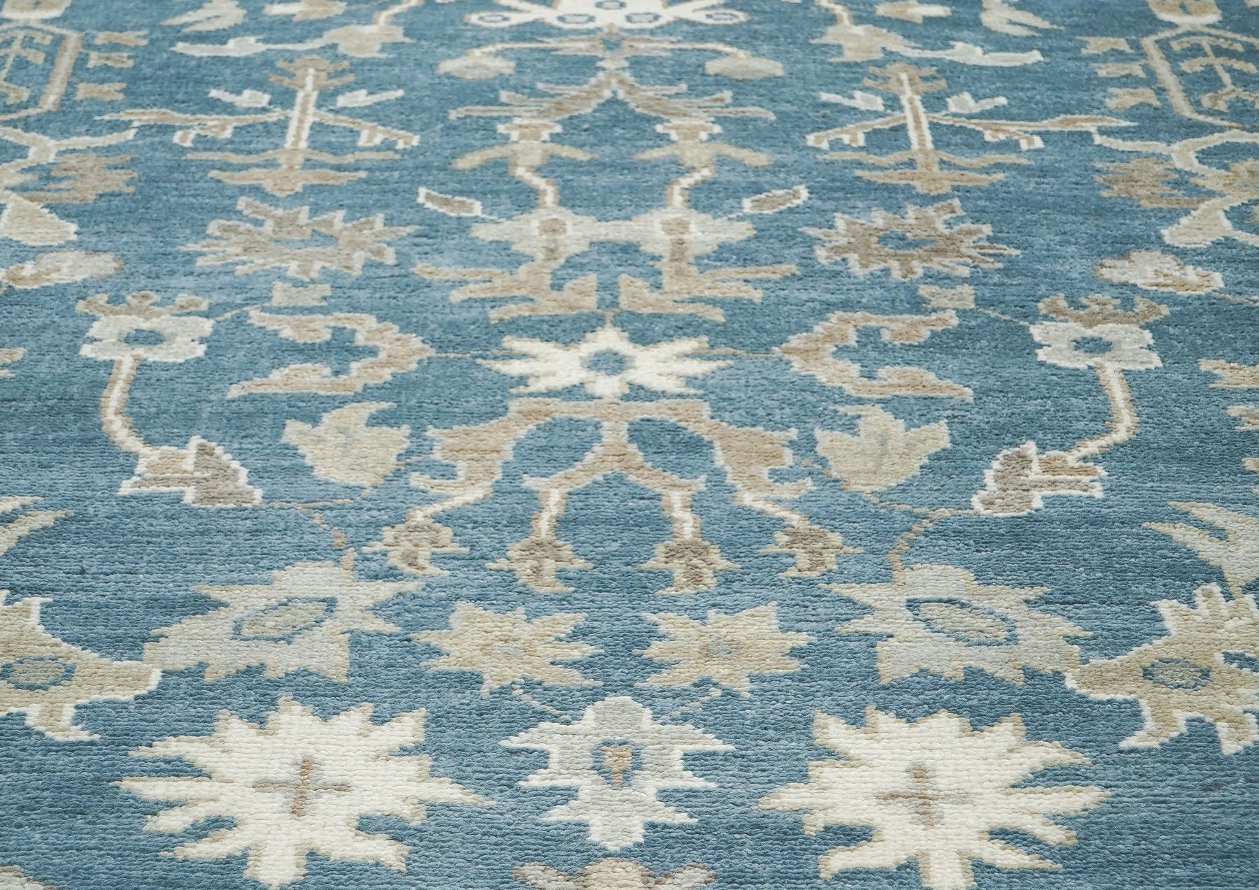 9x12 Blue, Tan, Ivory Color Hand Knotted Oushak Wool Transitional Oriental Rug