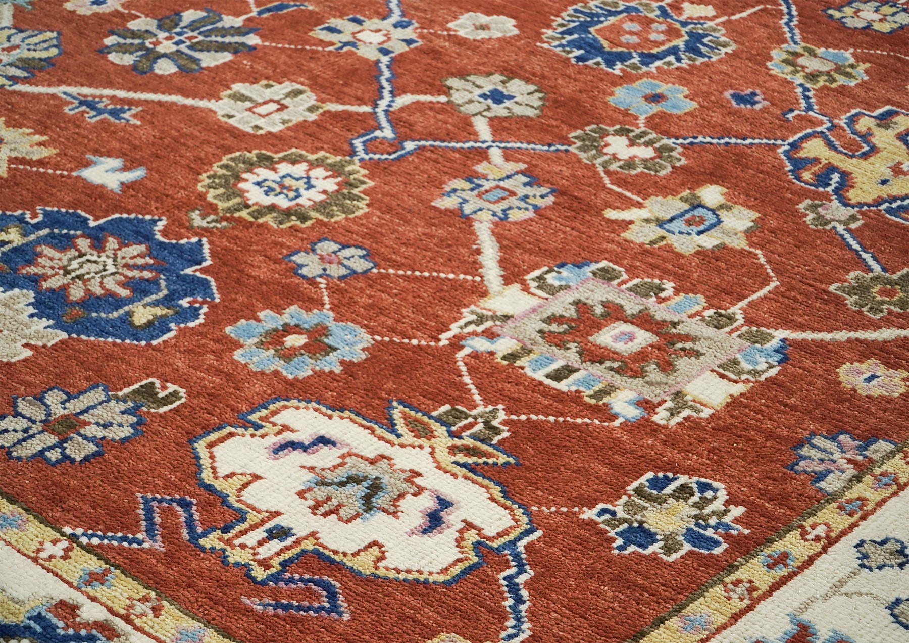 9x12 Burnt Orange, Ivory, Navy Color Hand Knotted Oushak Wool Arts and Crafts Oriental Rug