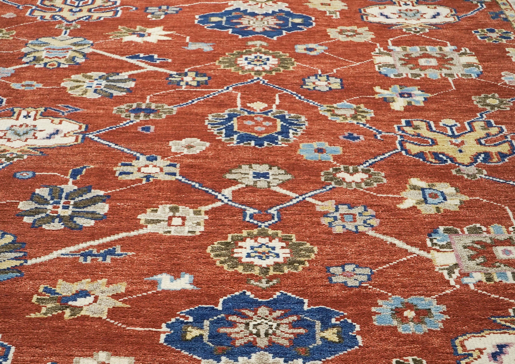 9x12 Burnt Orange, Ivory, Navy Color Hand Knotted Oushak Wool Arts and Crafts Oriental Rug