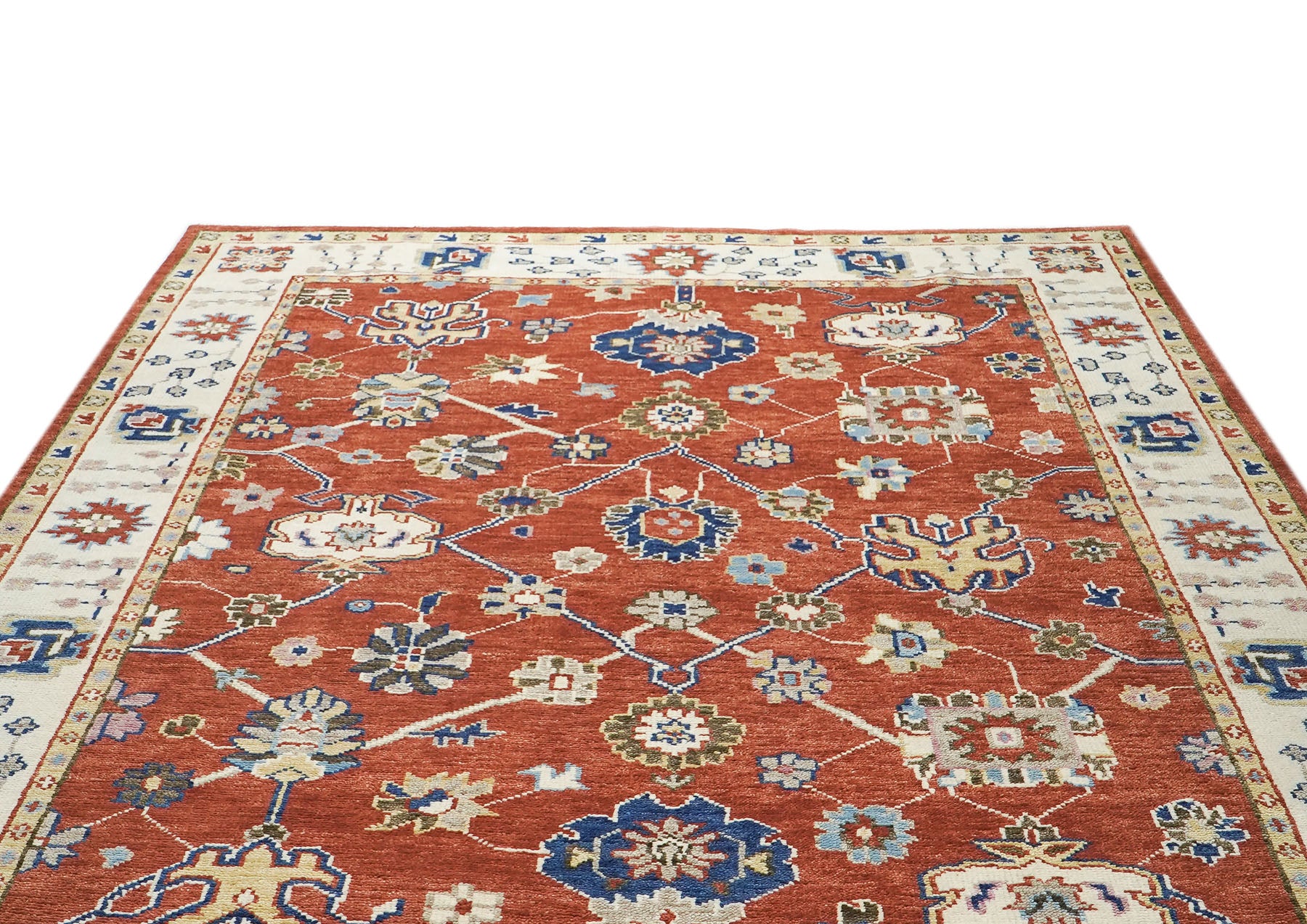 9x12 Burnt Orange, Ivory, Navy Color Hand Knotted Oushak Wool Arts and Crafts Oriental Rug