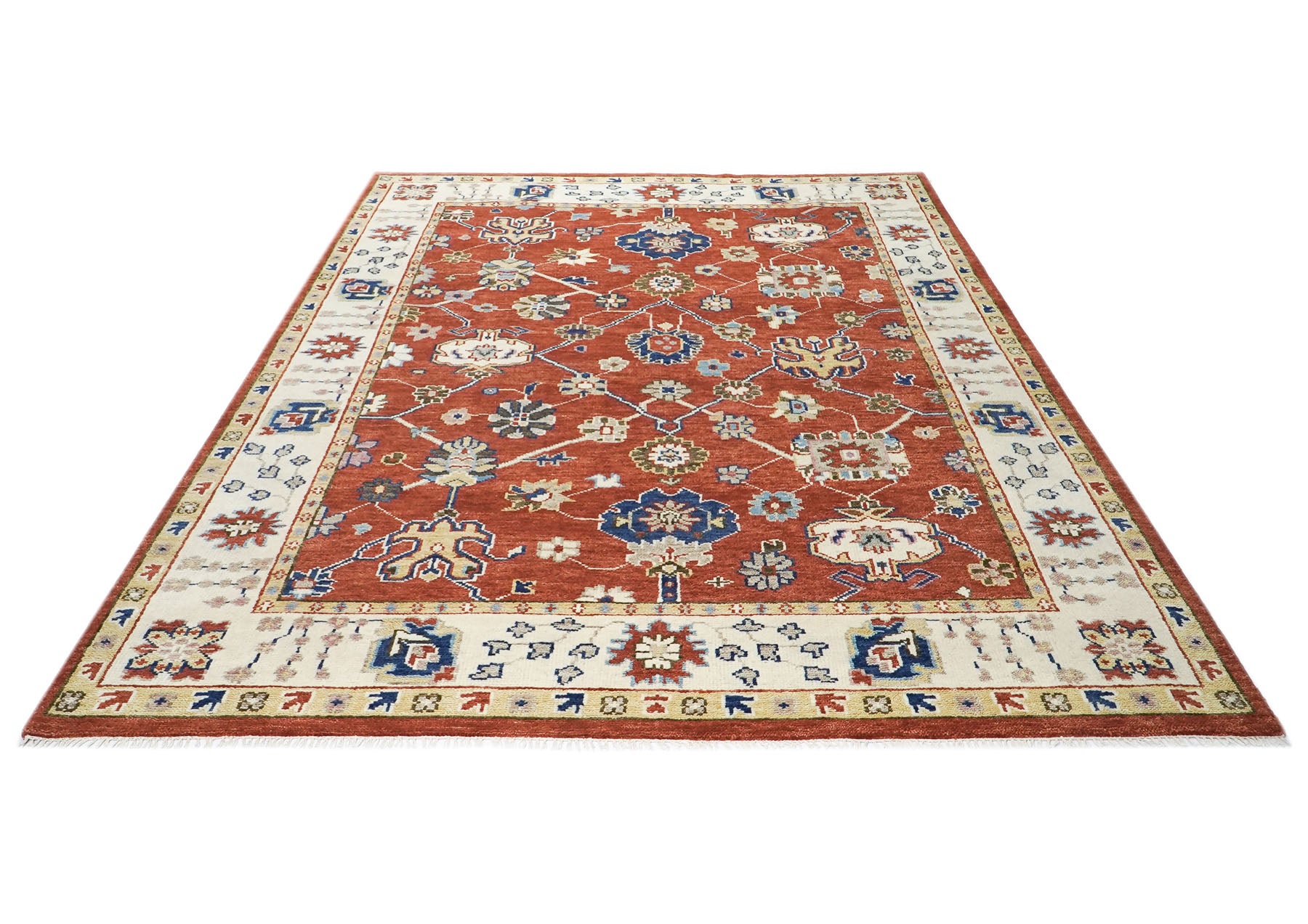9x12 Burnt Orange, Ivory, Navy Color Hand Knotted Oushak Wool Arts and Crafts Oriental Rug